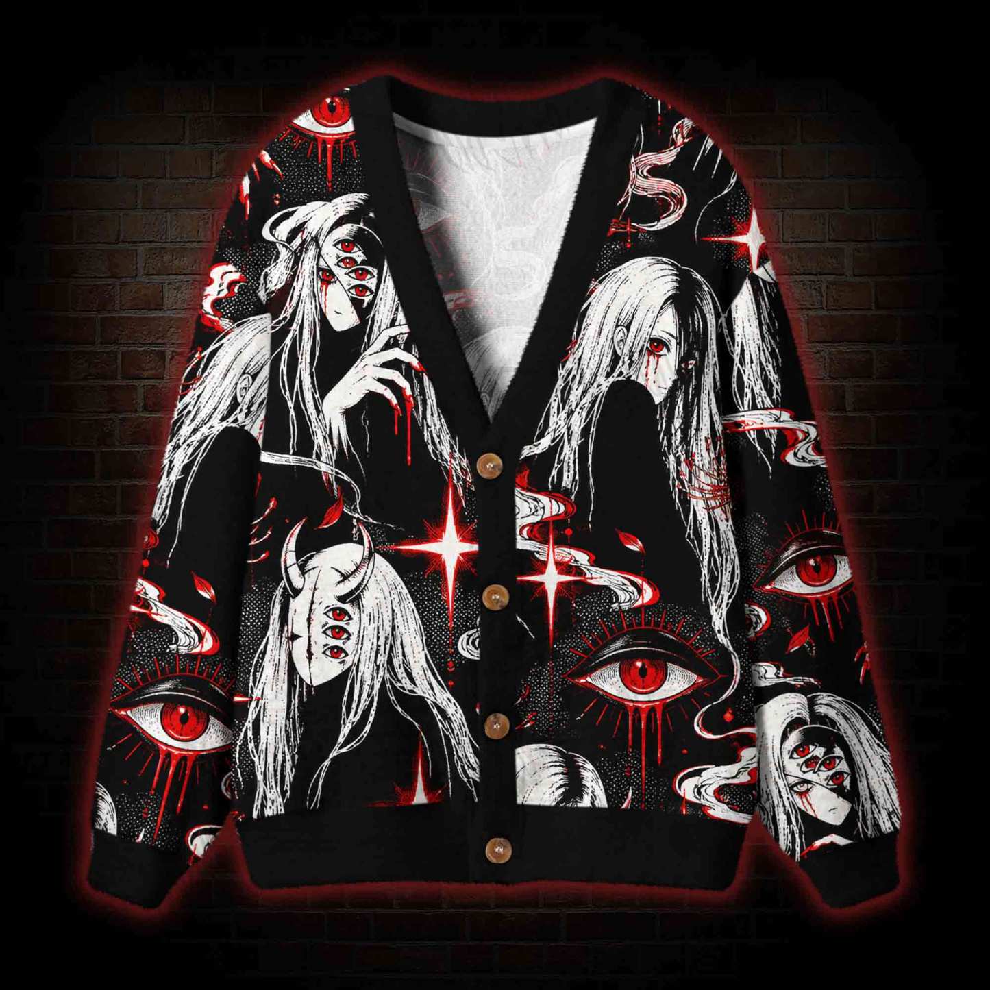 Crimson Illusion Multi Eyed Waifu Cardigan Sweater