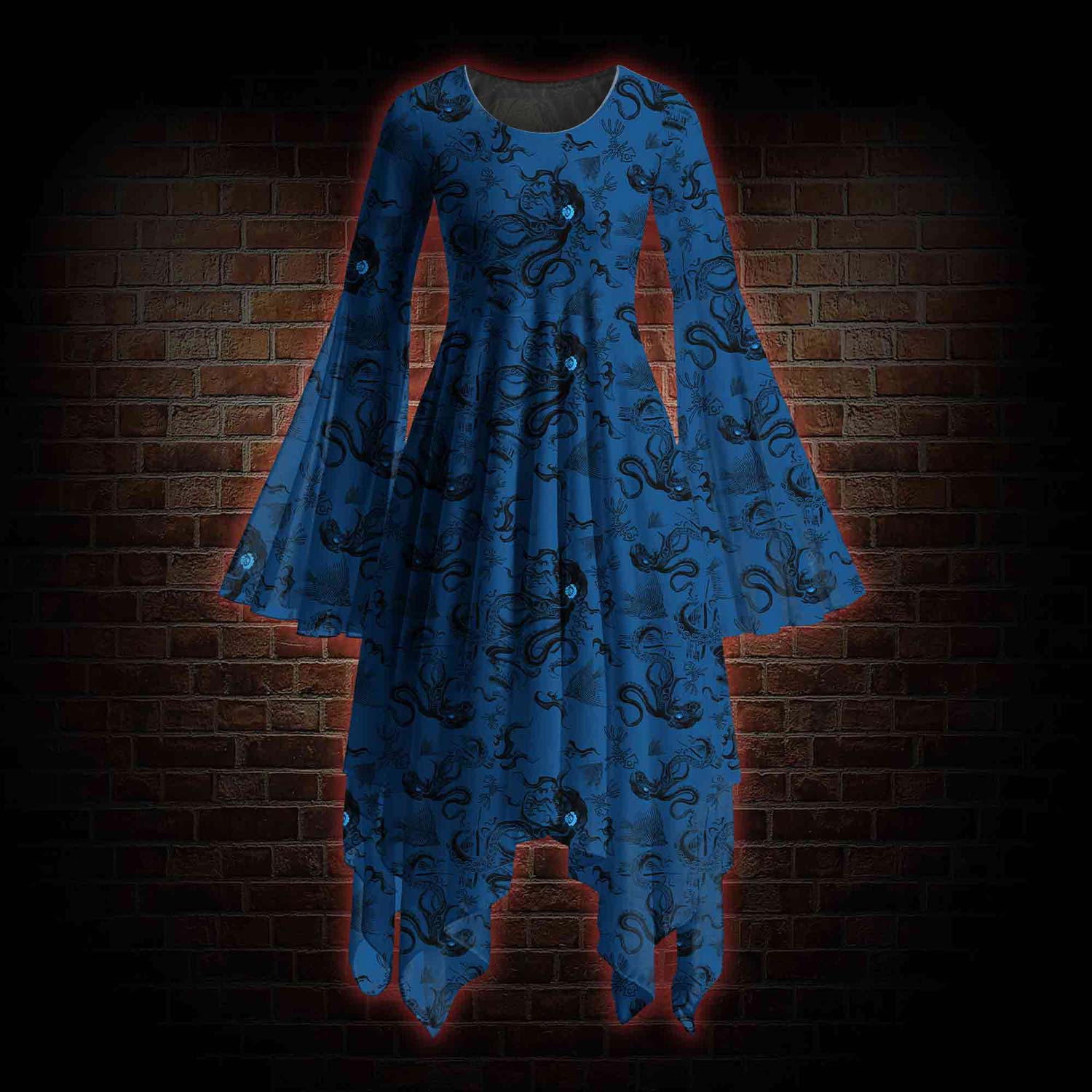 Deep Sea Monster Bell-sleeve Handkerchief-hem Dress