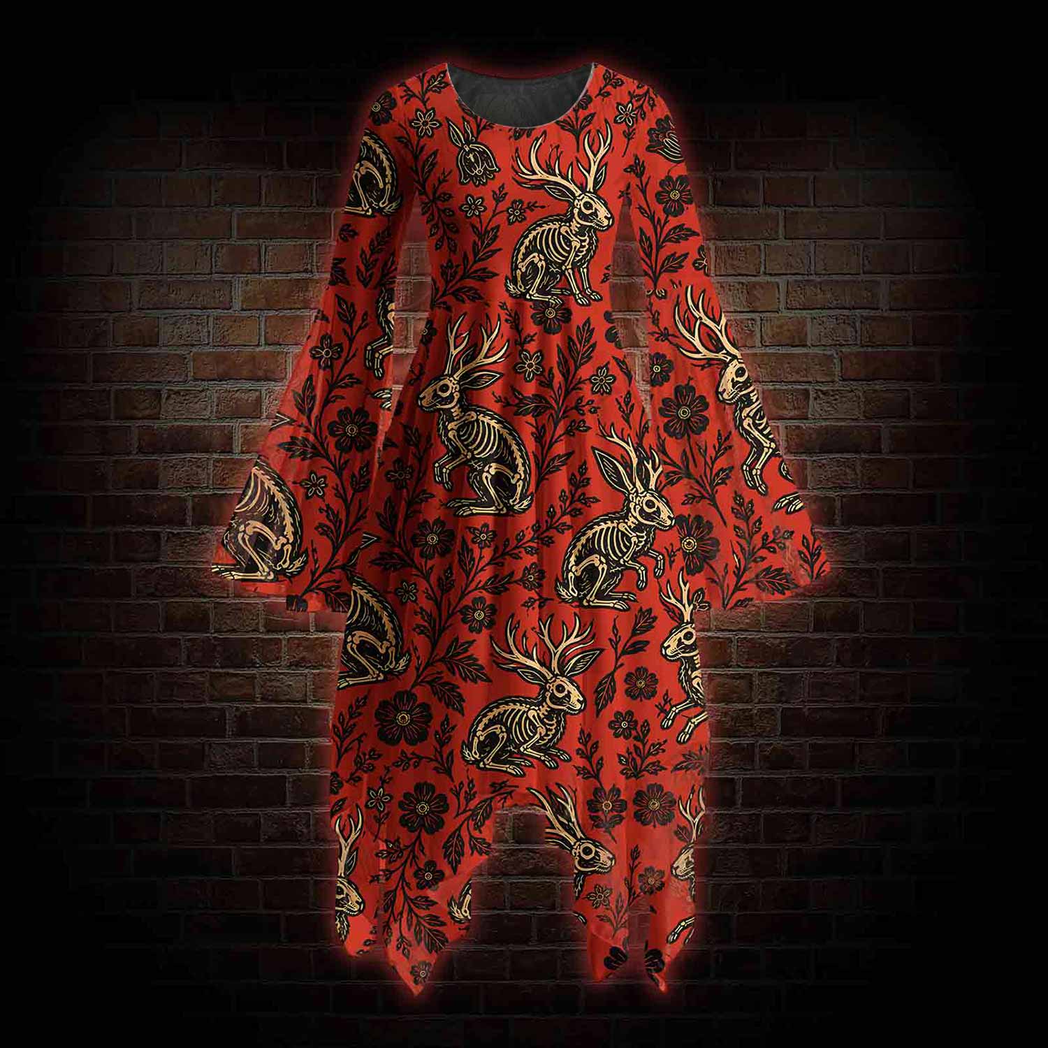 Jacklope and Flower Bell-sleeve Handkerchief-hem Dress
