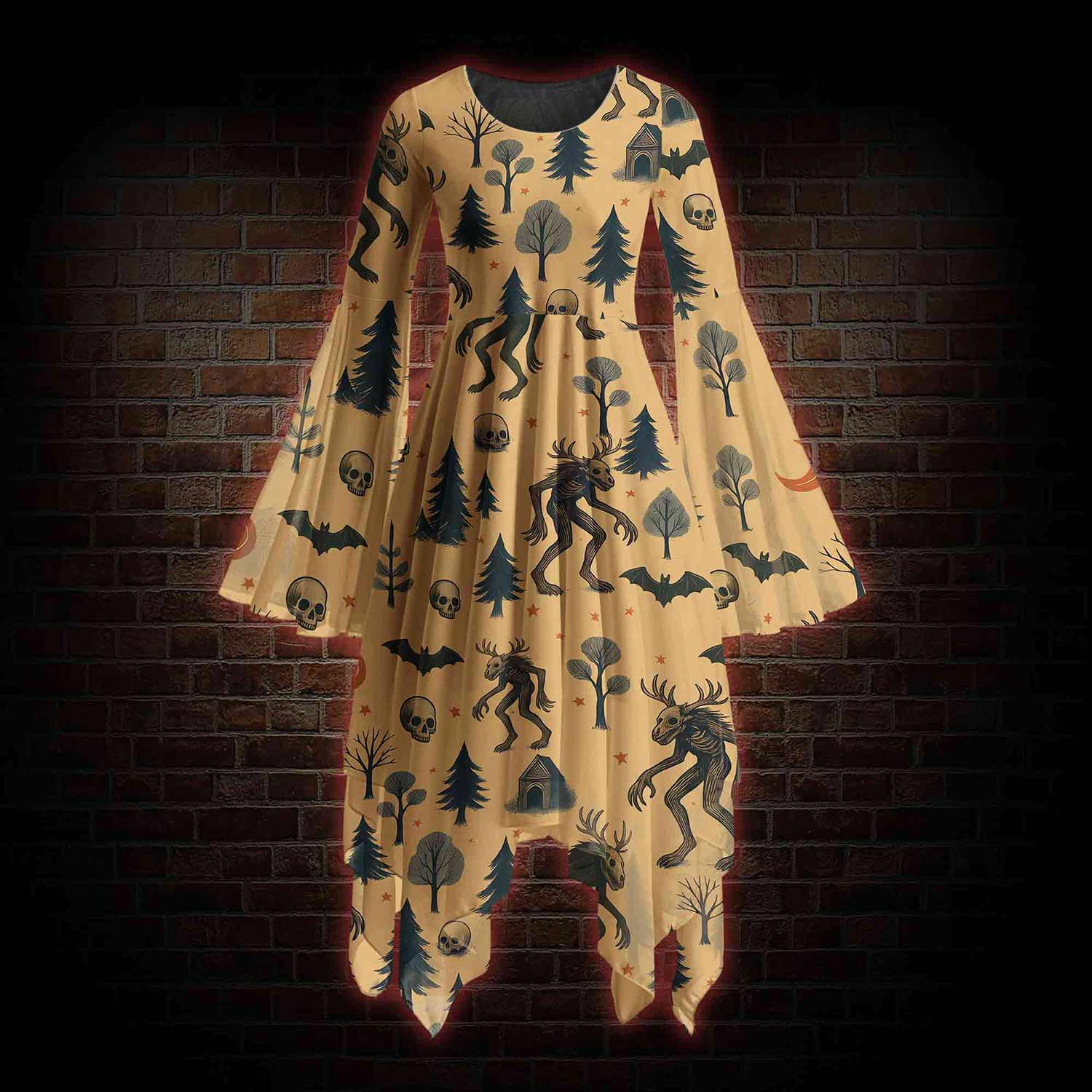 Wendigo in the Forest Bell-sleeve Handkerchief-hem Dress