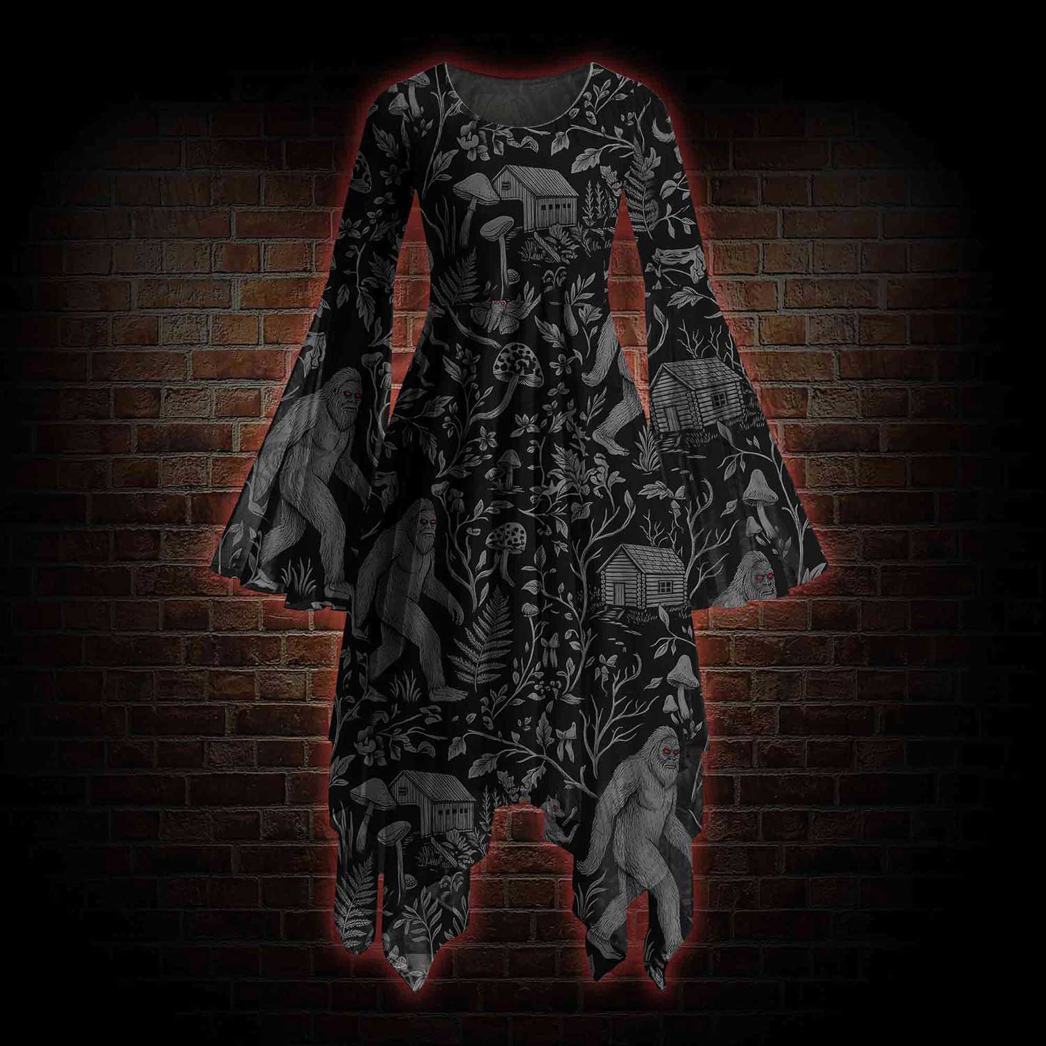 Cryptid Forest Bell-sleeve Handkerchief-hem Dress