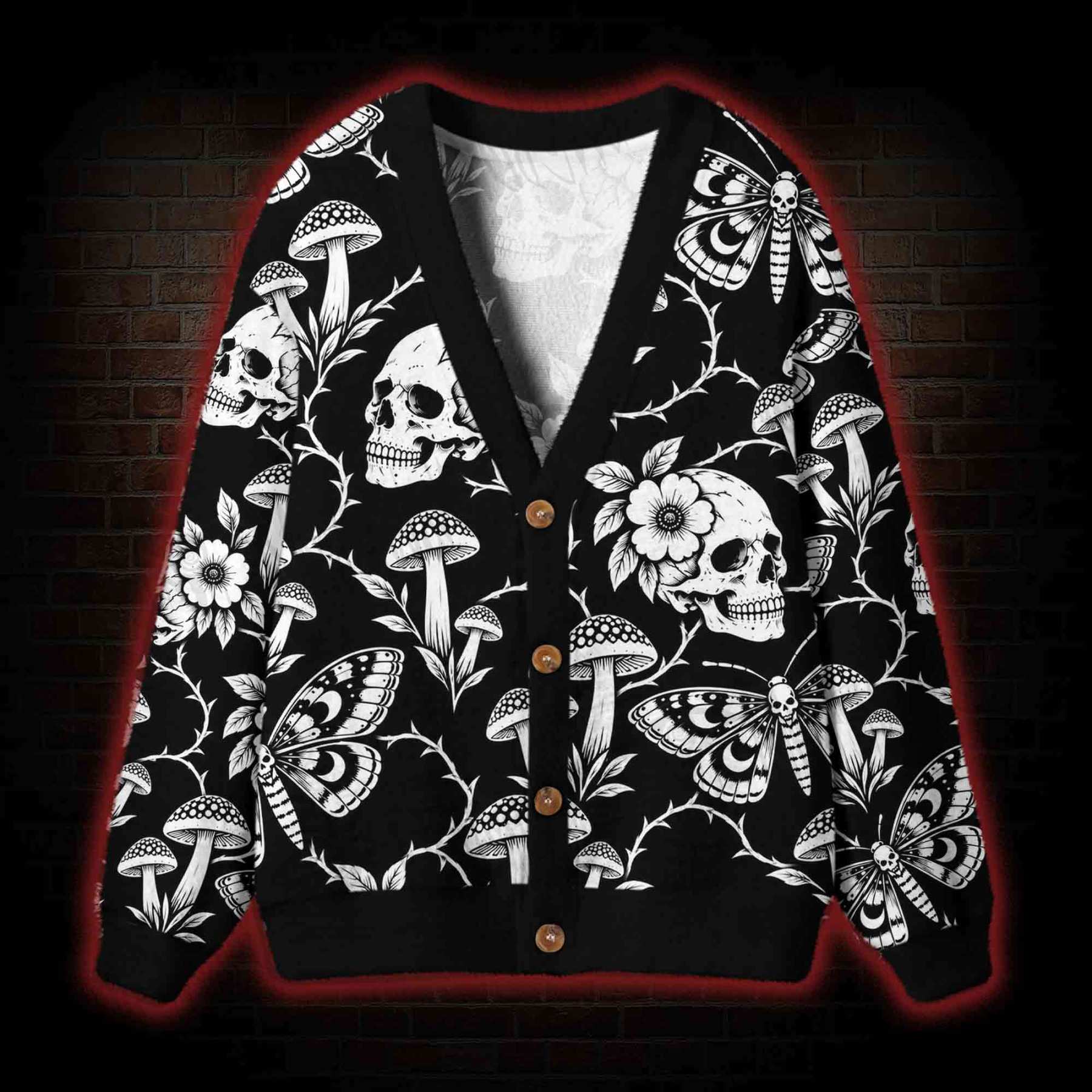 Gothic Skull and Mushroom Cardigan Sweater