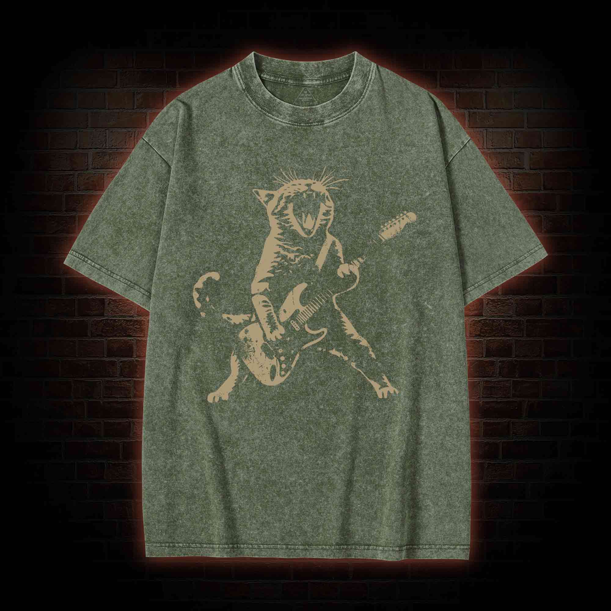 Rock Cat Playing Guitar Washed T-shirt