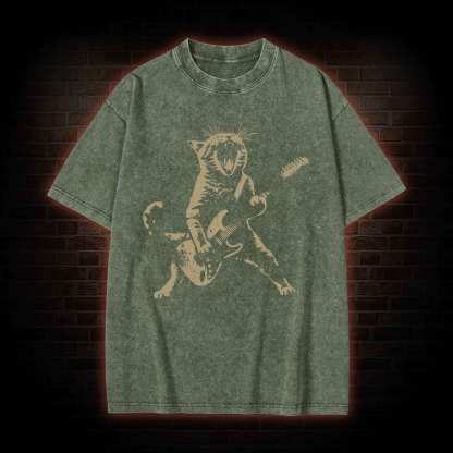Rock Cat Playing Guitar Washed T-shirt