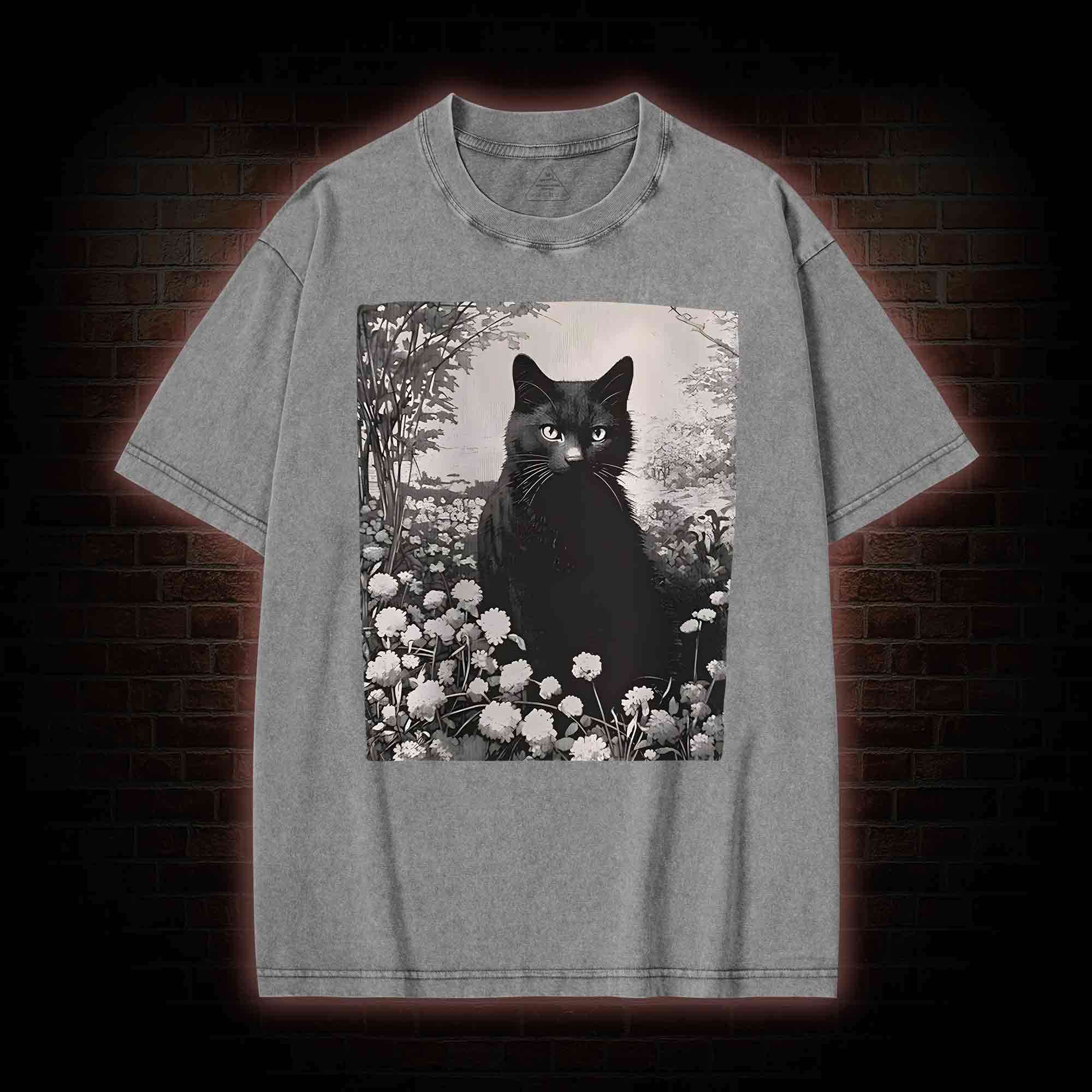 Black Cat in Garden Washed T-shirt