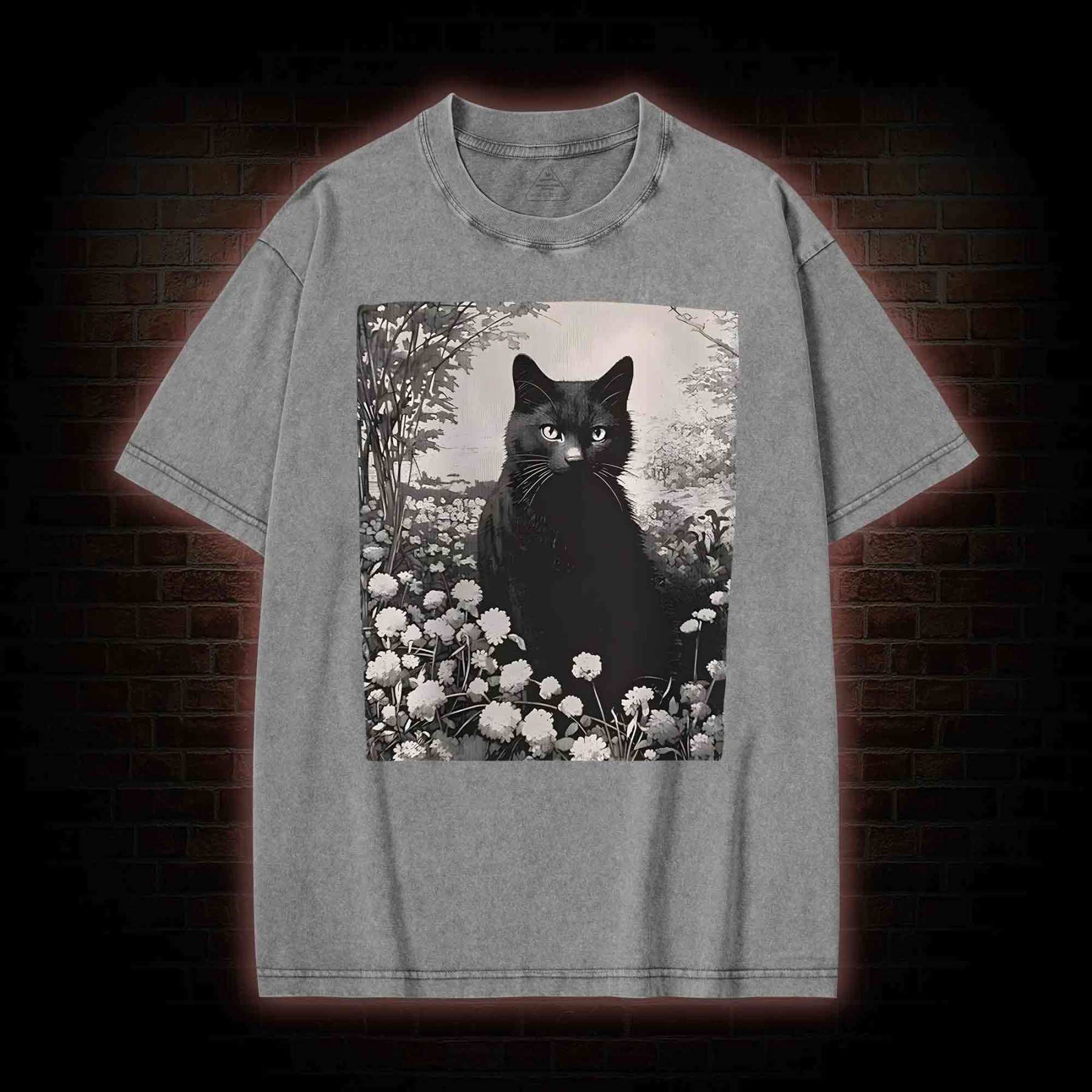 Black Cat in Garden Washed T-shirt