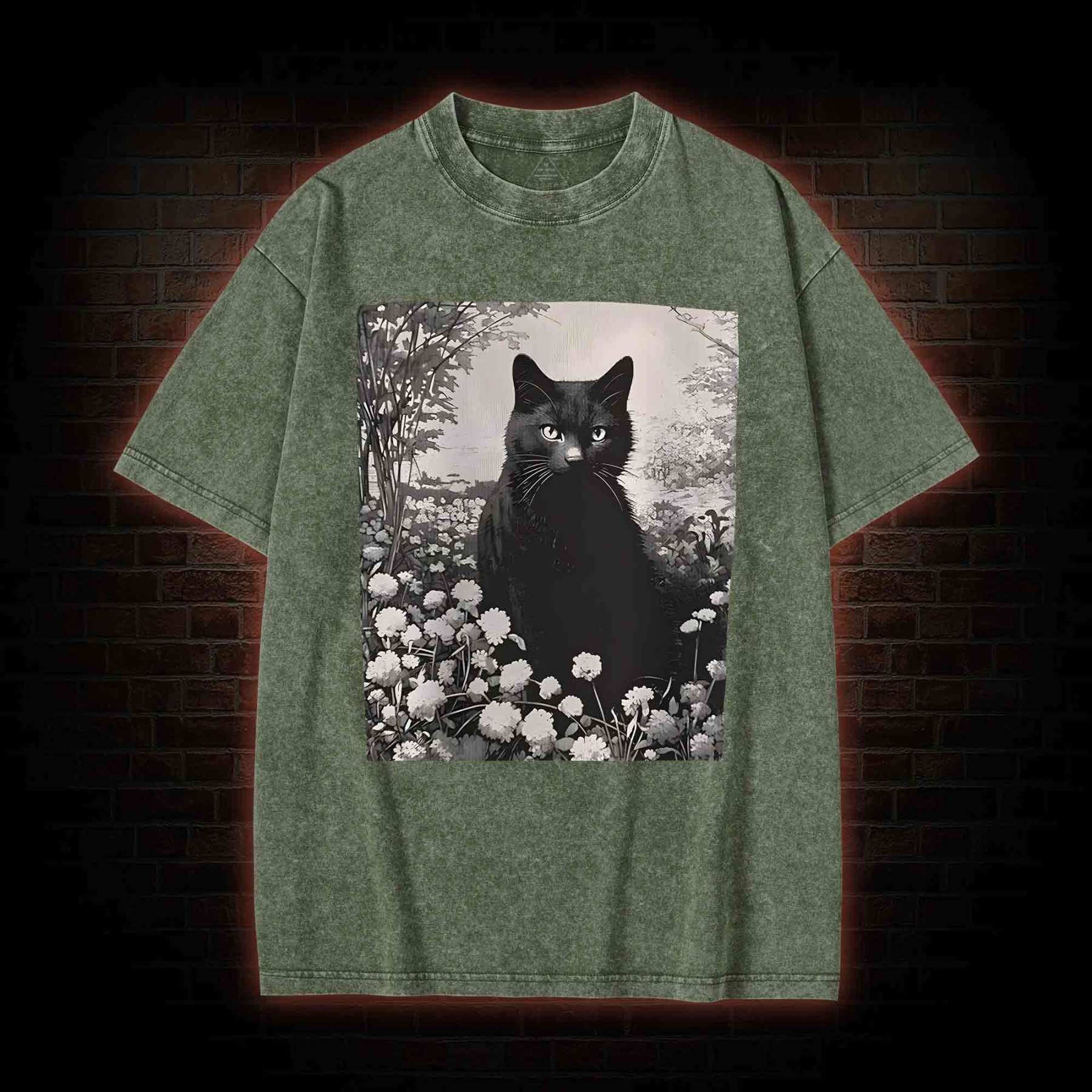 Black Cat in Garden Washed T-shirt