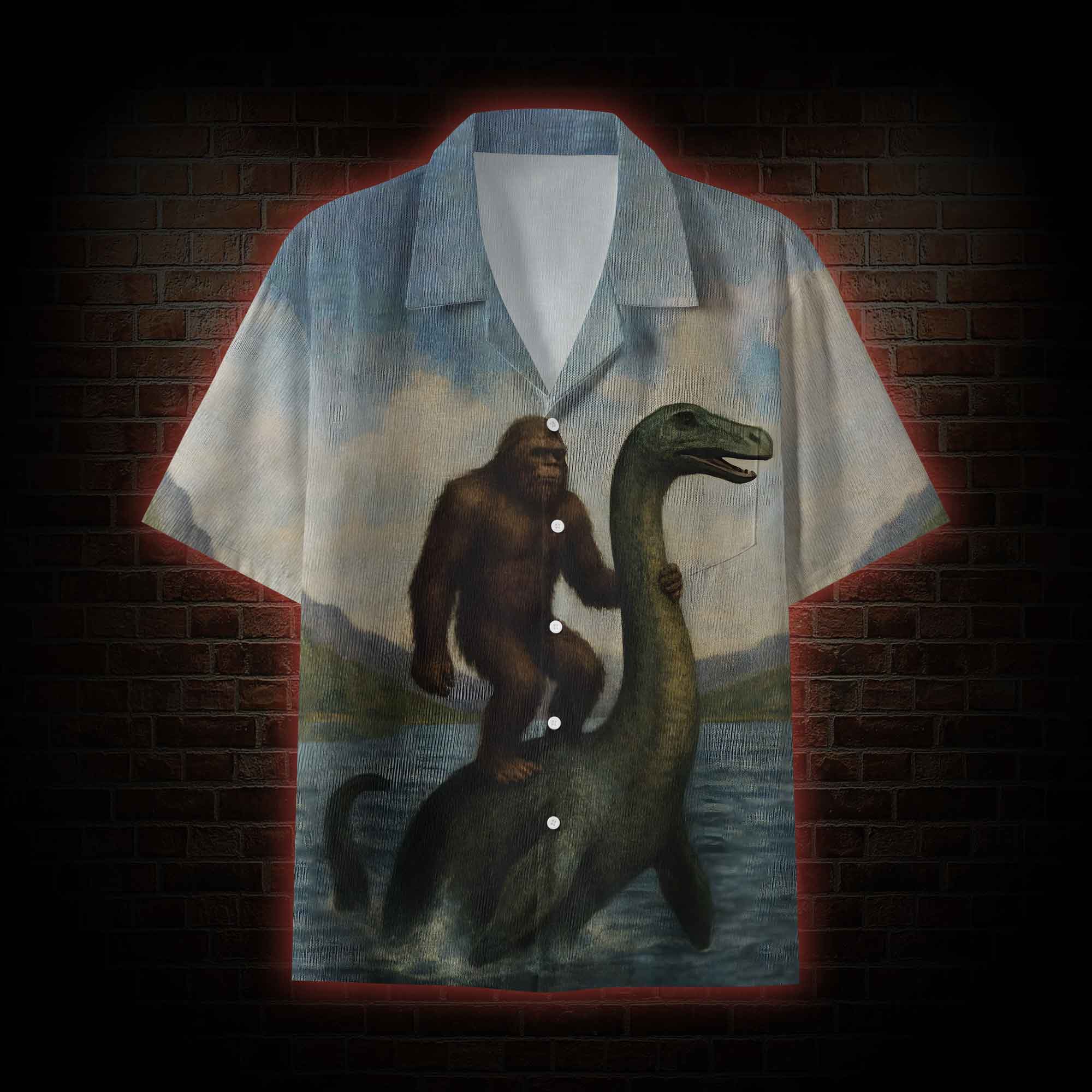 Bigfoot Riding Loch Ness Monster Button-up Shirt