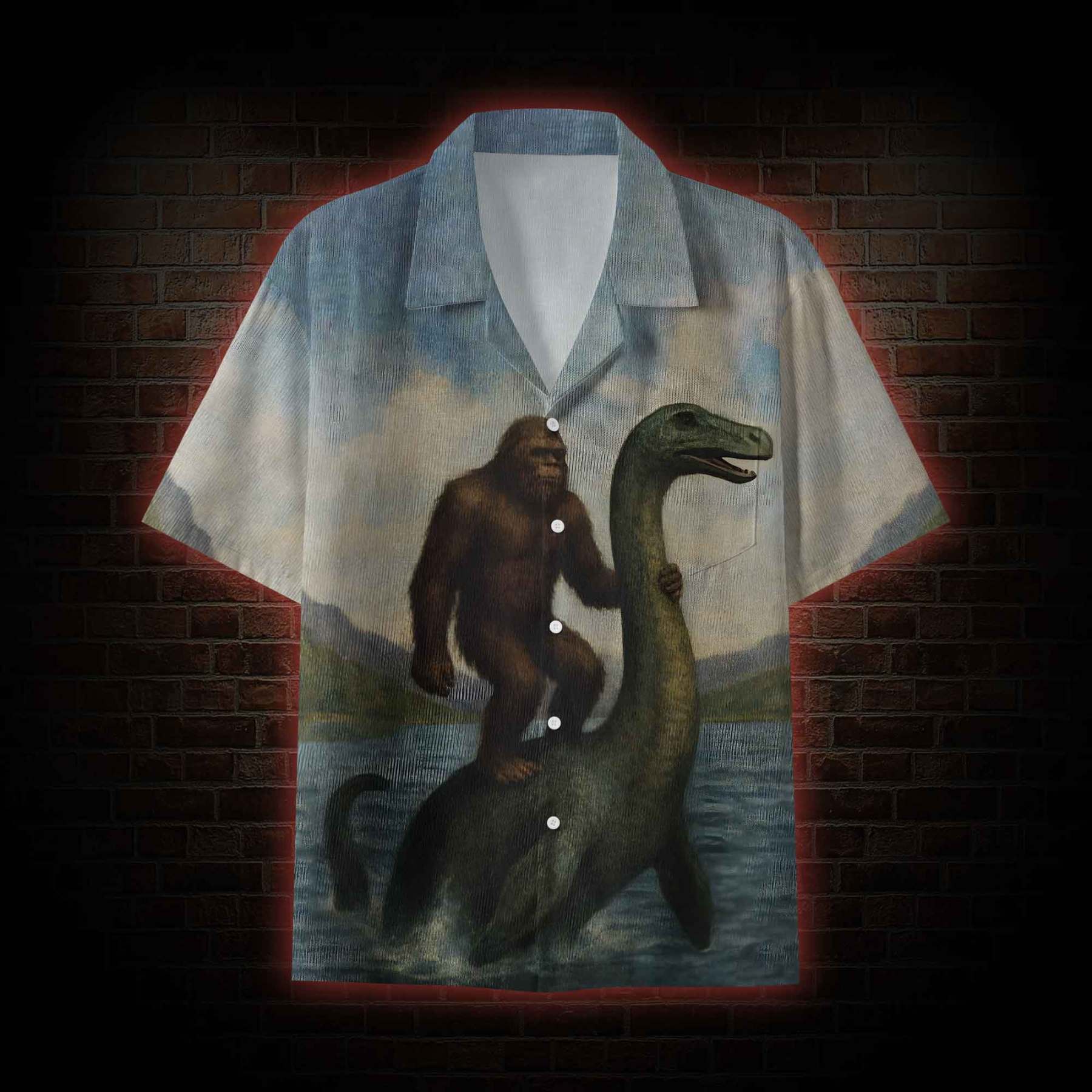 Bigfoot Riding Loch Ness Monster Button-up Shirt