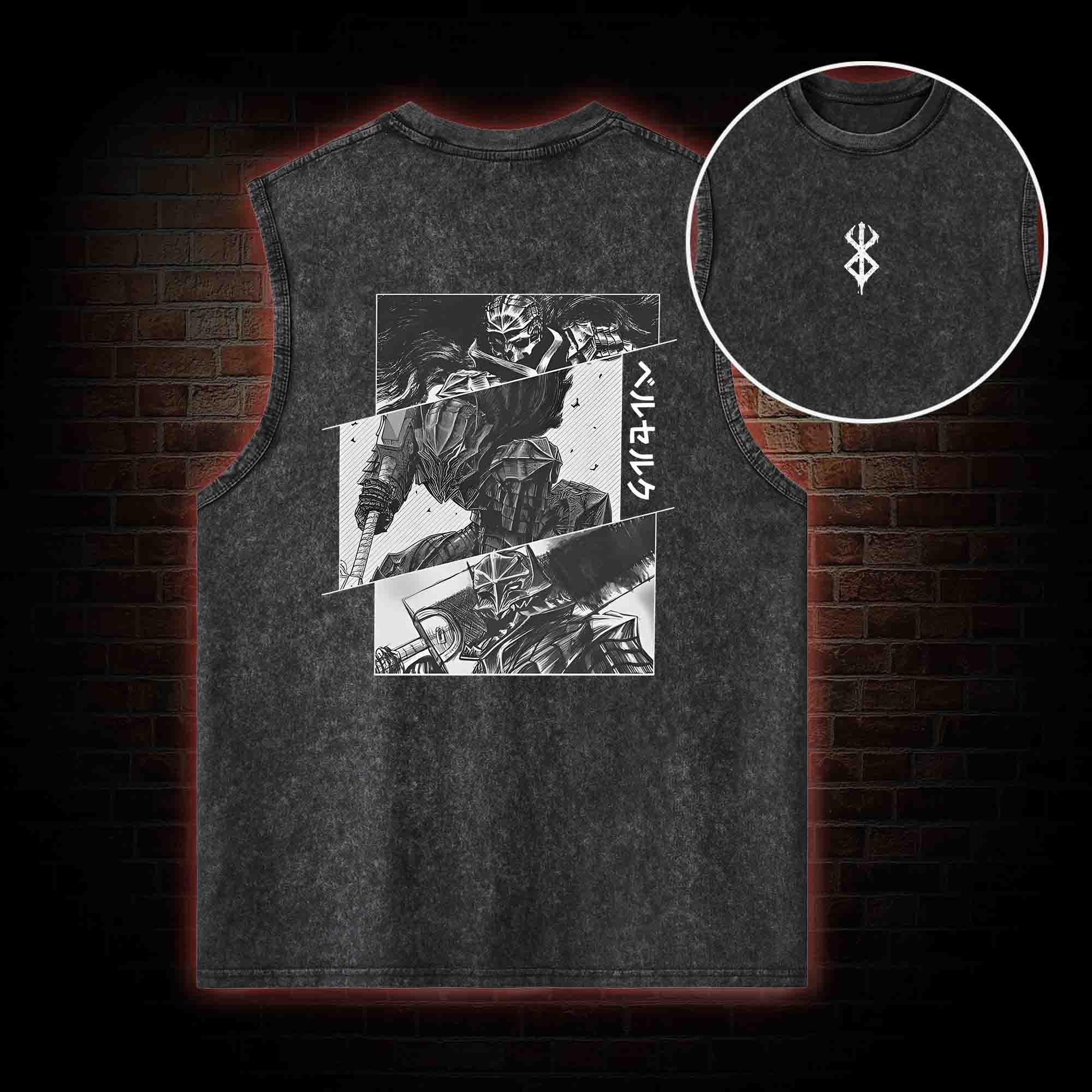 Black Swordsman Back Print Washed Tank Top