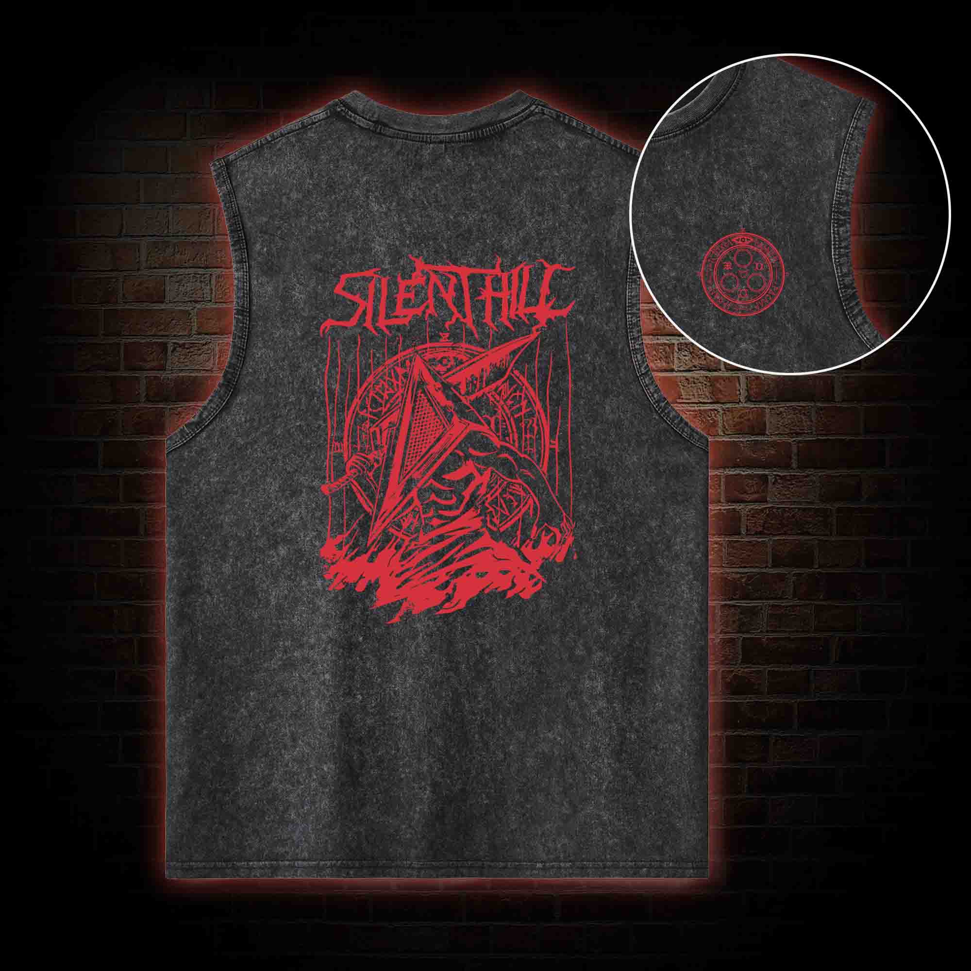 Pyramid Head Vintage Front Back Print Washed Tank Top