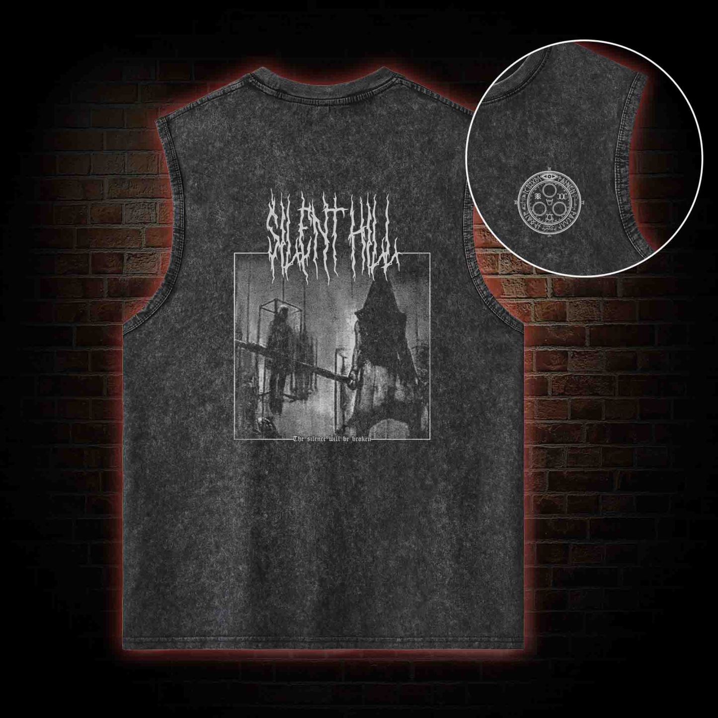 Pyramid Head Back Print Washed Tank Top