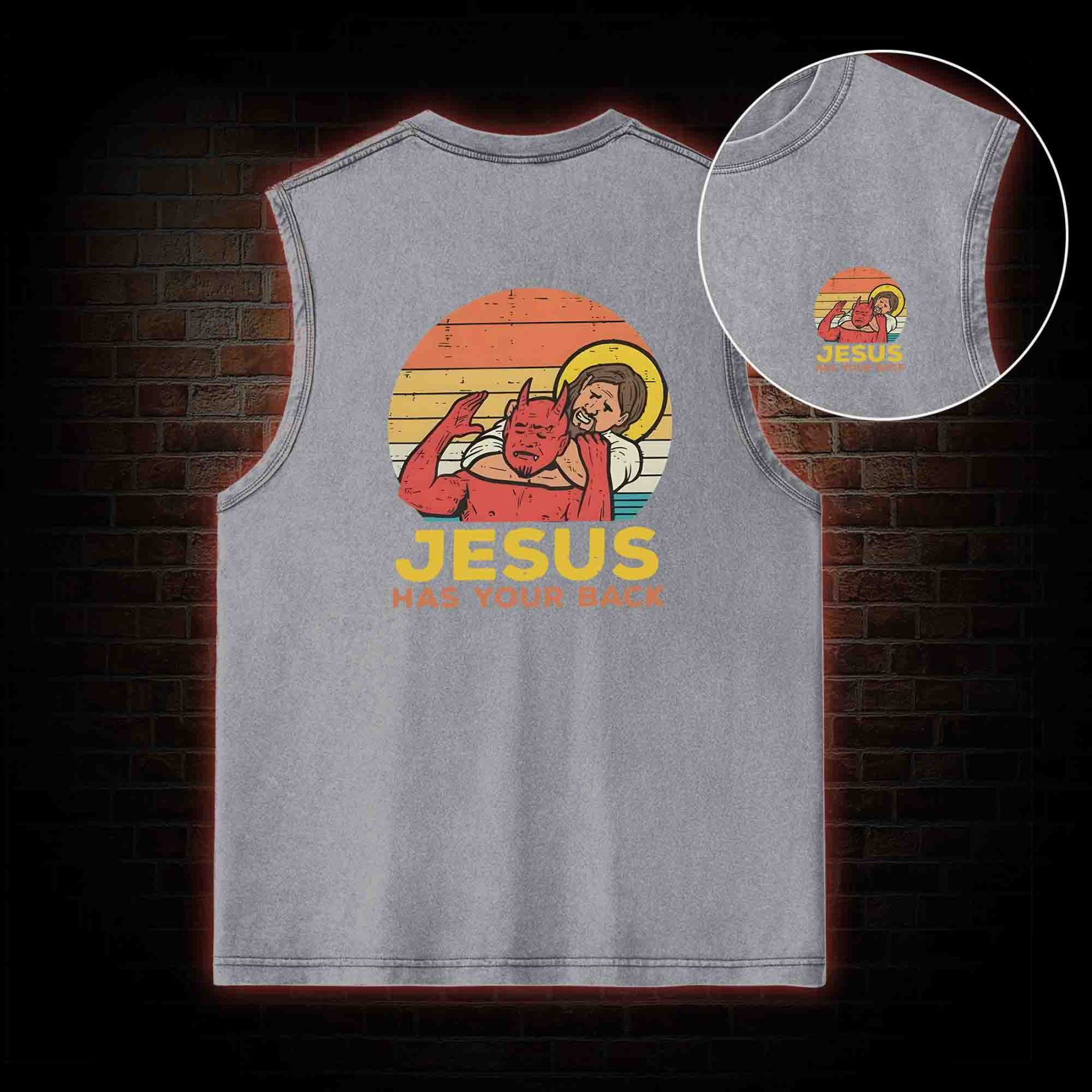 Jesus Has Your Back Back Print Washed Tank Top