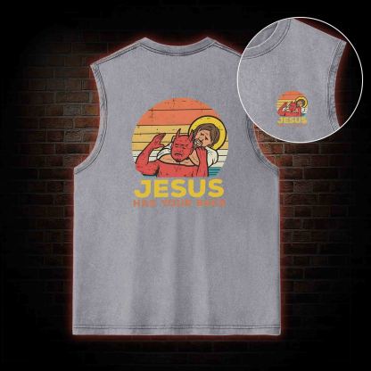Jesus Has Your Back Back Print Washed Tank Top