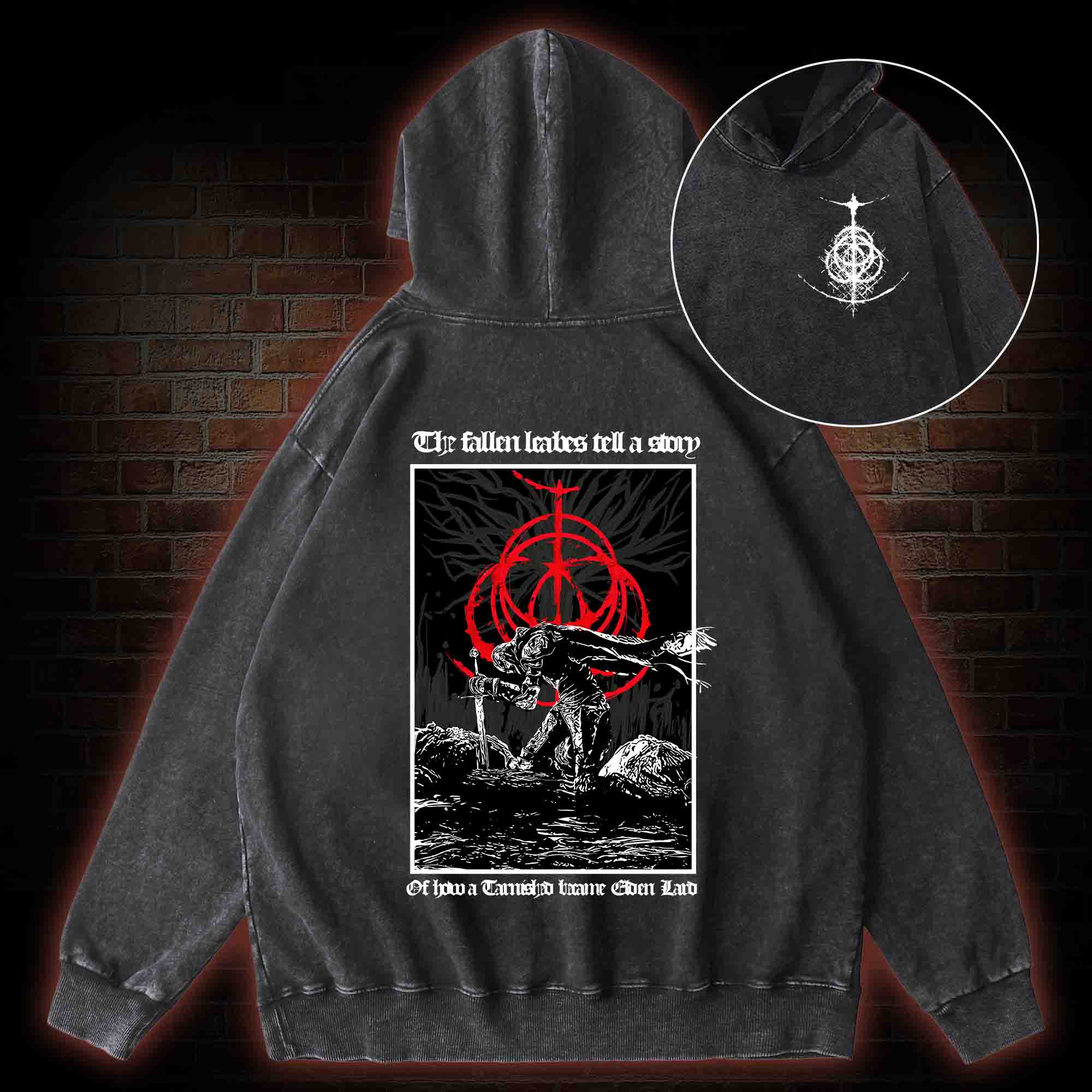 The Fallen Leaves Tell a Story Back Print Washed Hoodie