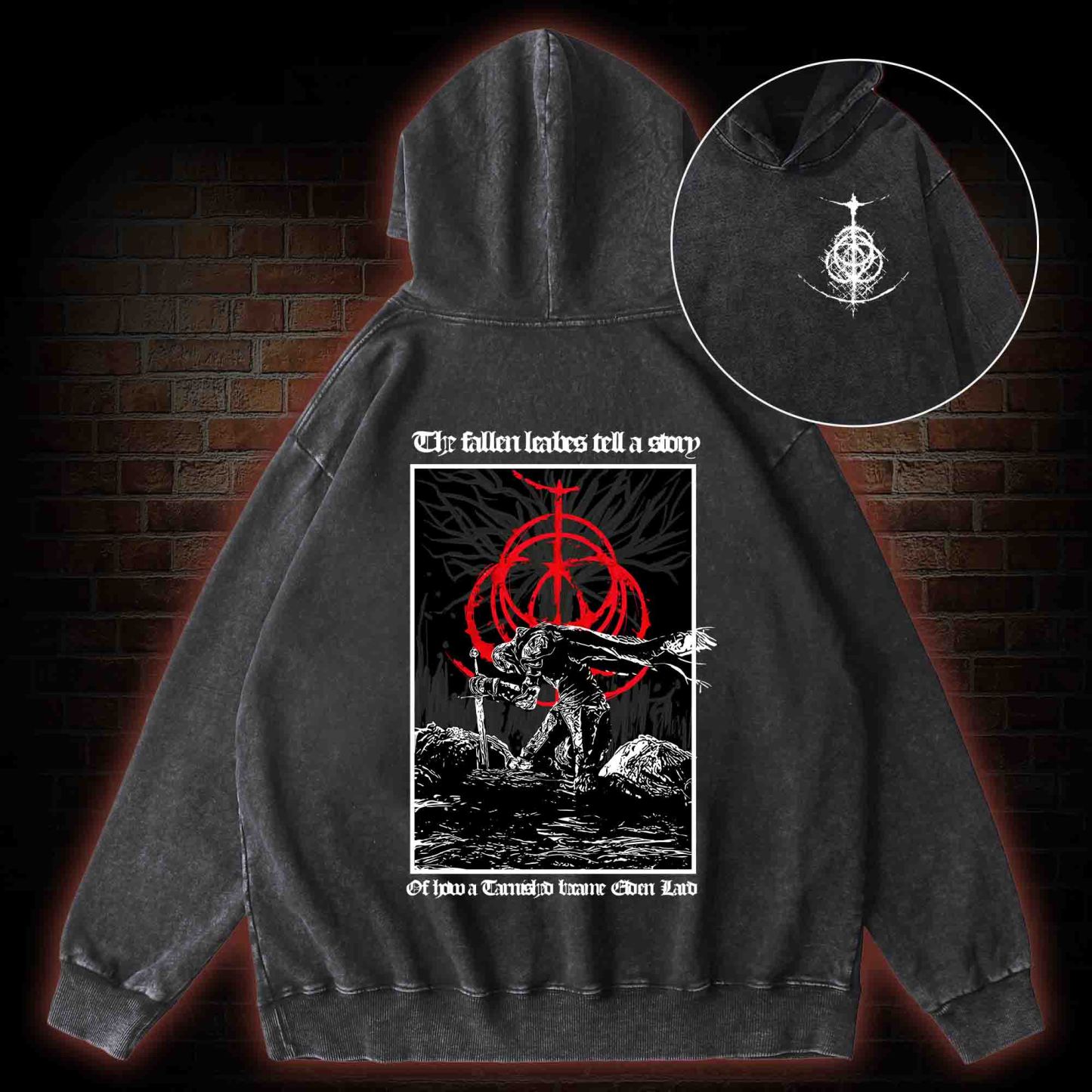 The Fallen Leaves Tell a Story Back Print Washed Hoodie