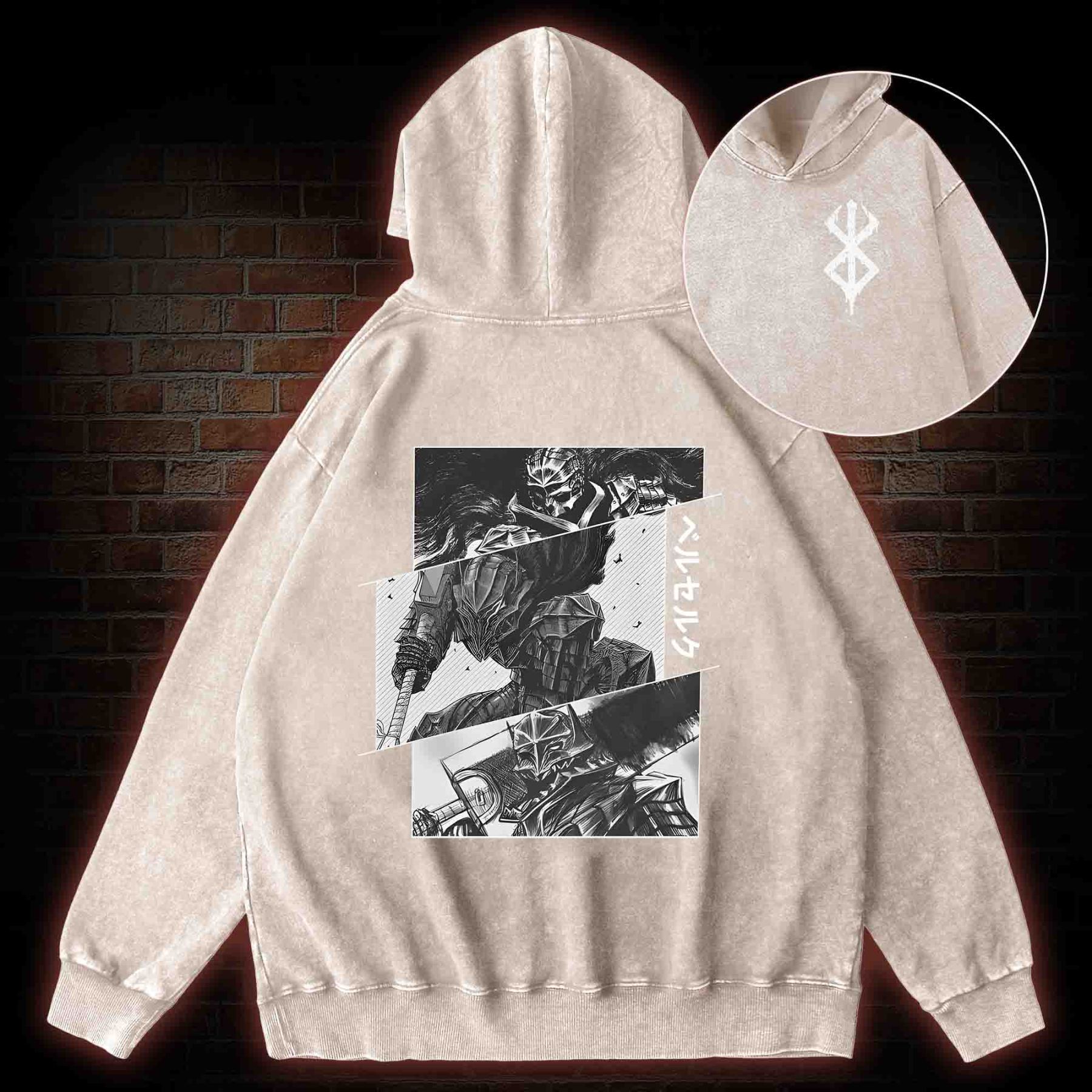 Black Swordsman Back Print Washed Hoodie