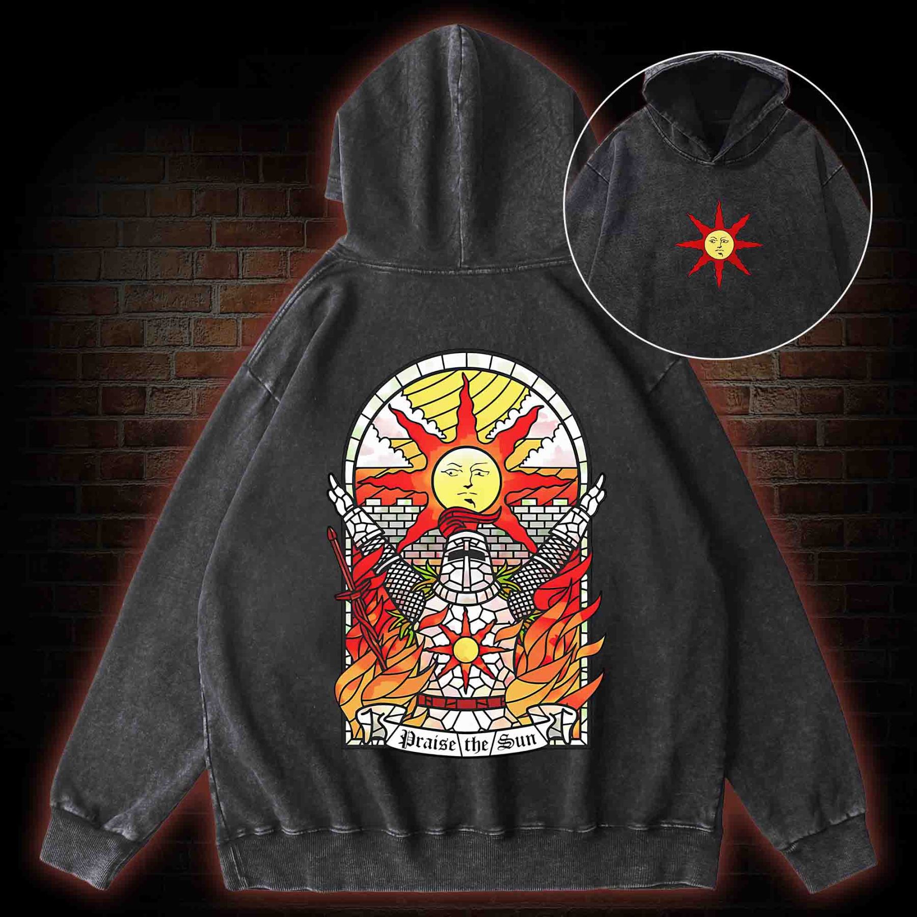 Praise the Sun Back Print Washed Hoodie