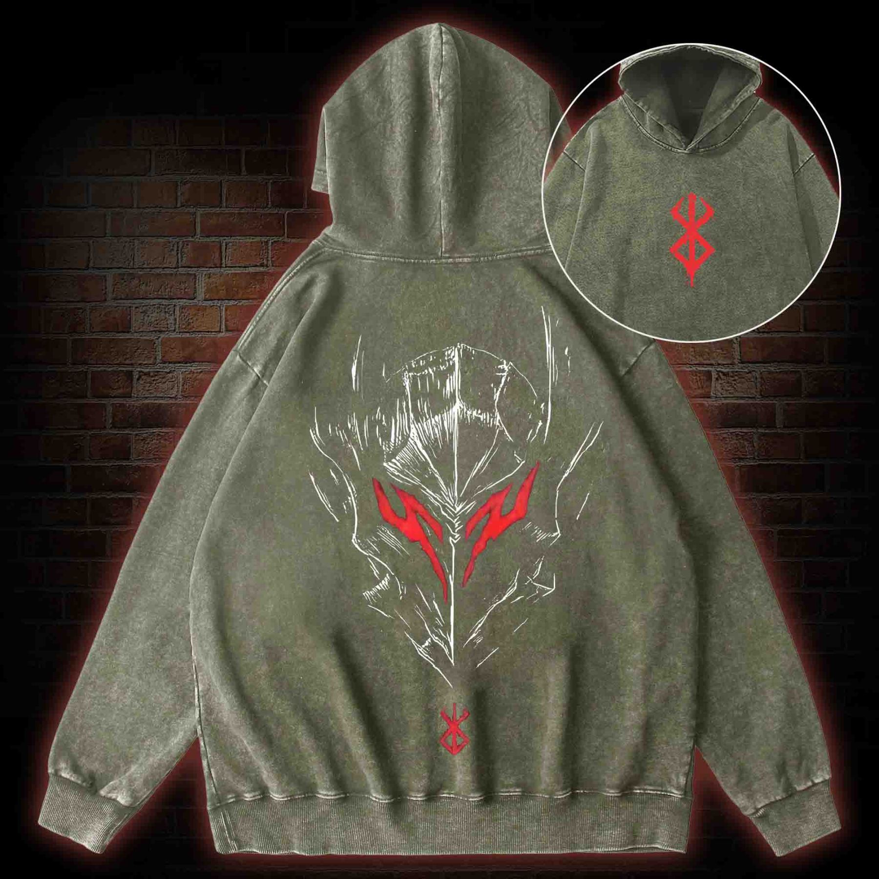 Berserker Mask Back Print Washed Hoodie
