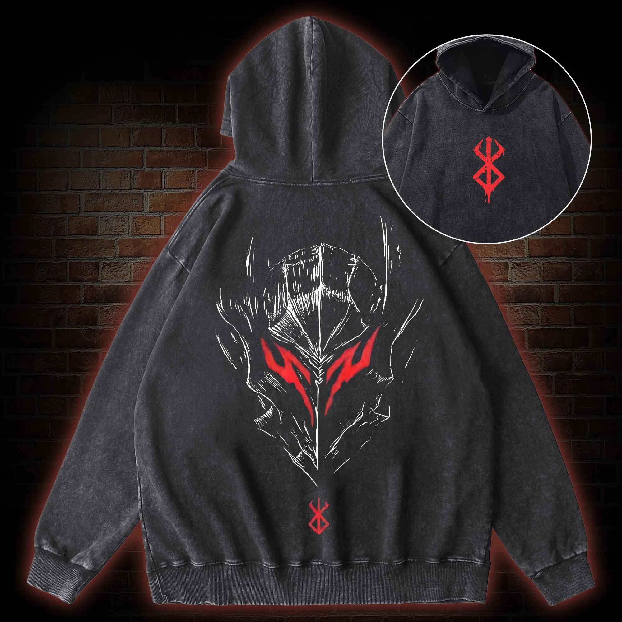 Berserker Mask Back Print Washed Hoodie