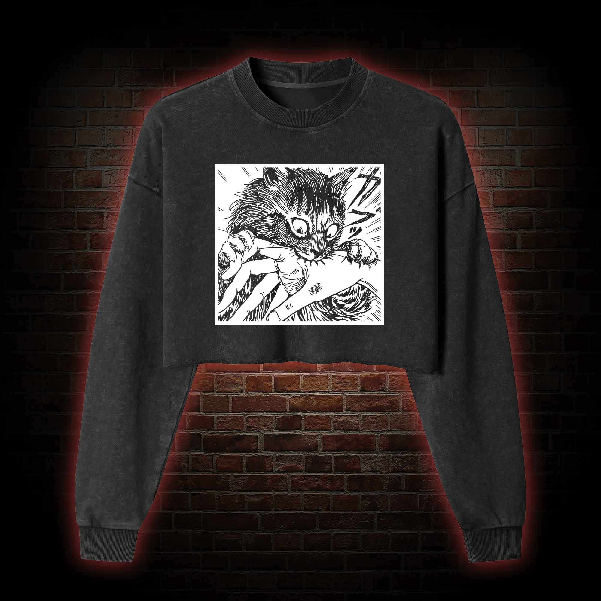 Tomie Cat Diary Anime Horror Washed Cropped Sweatshirts