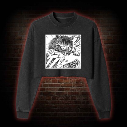 Tomie Cat Diary Anime Horror Washed Cropped Sweatshirts