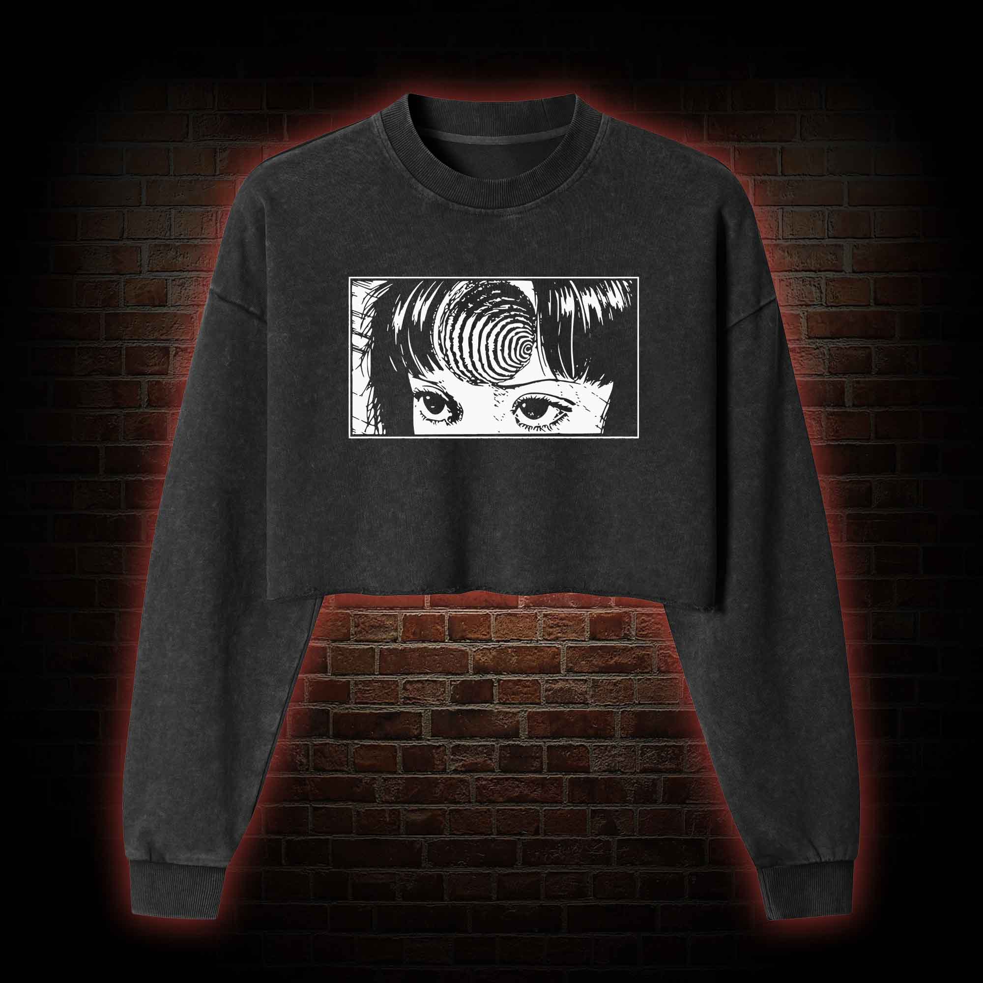 Creepy Girl Eyes, Spiral Horror Washed Cropped Sweatshirts