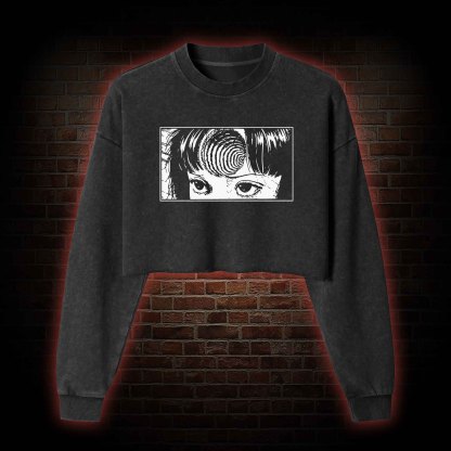 Creepy Girl Eyes, Spiral Horror Washed Cropped Sweatshirts