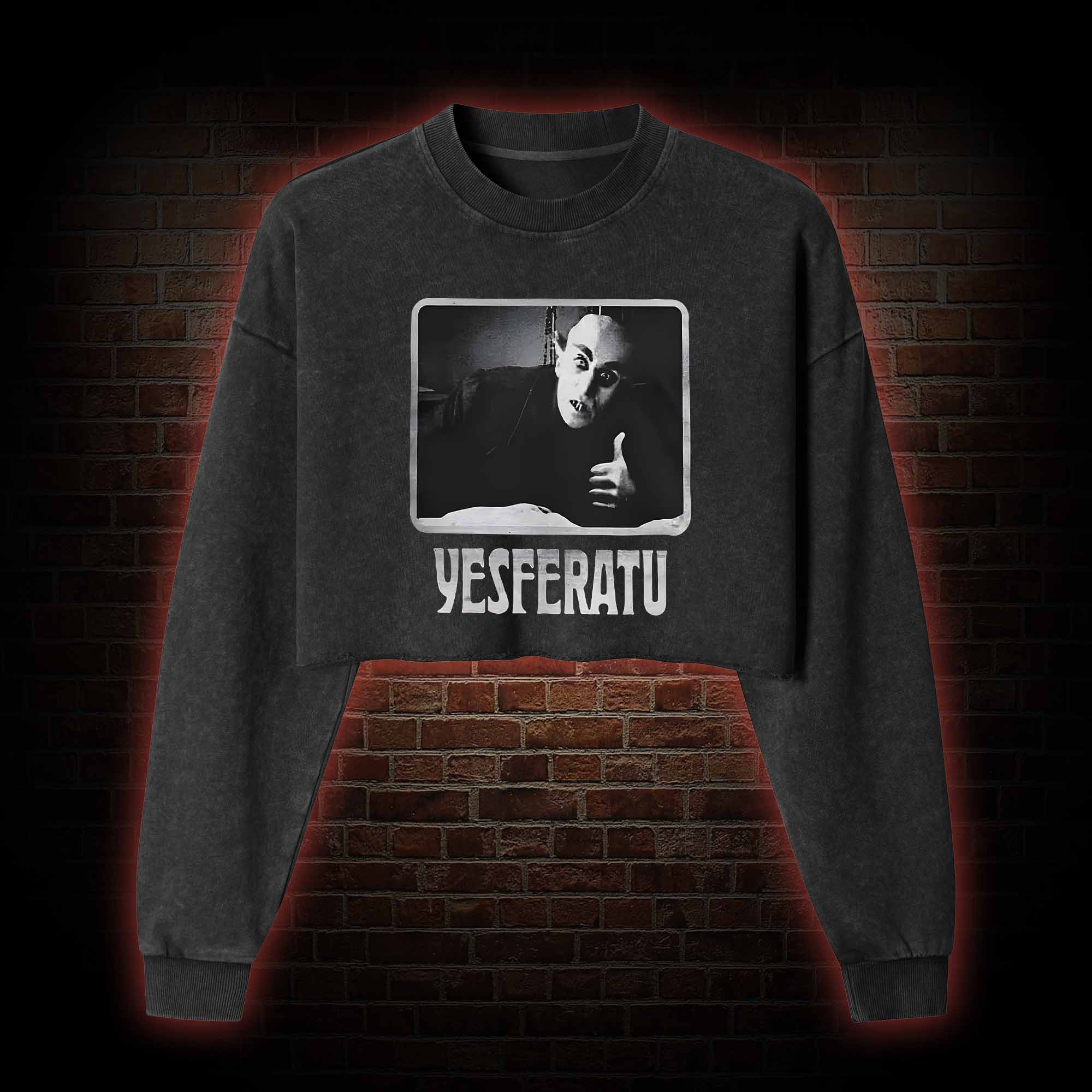 Yesferatu Funny Horror Retro Washed Cropped Sweatshirts