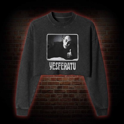 Yesferatu Funny Horror Retro Washed Cropped Sweatshirts