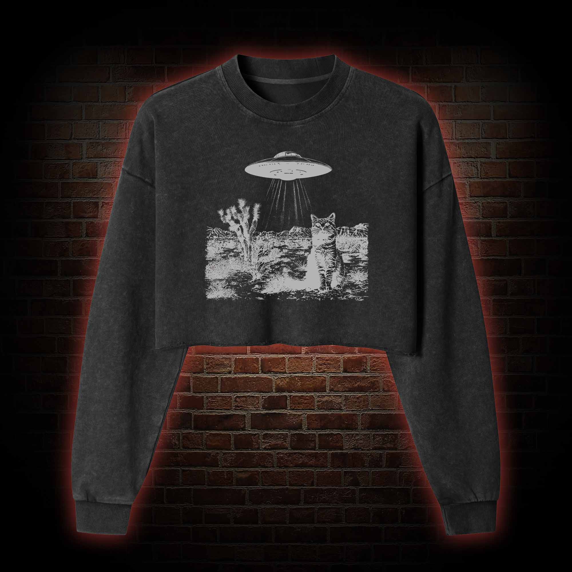 Ufo Cowboy Cat Washed Cropped Sweatshirts
