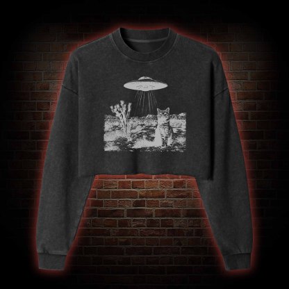 Ufo Cowboy Cat Washed Cropped Sweatshirts