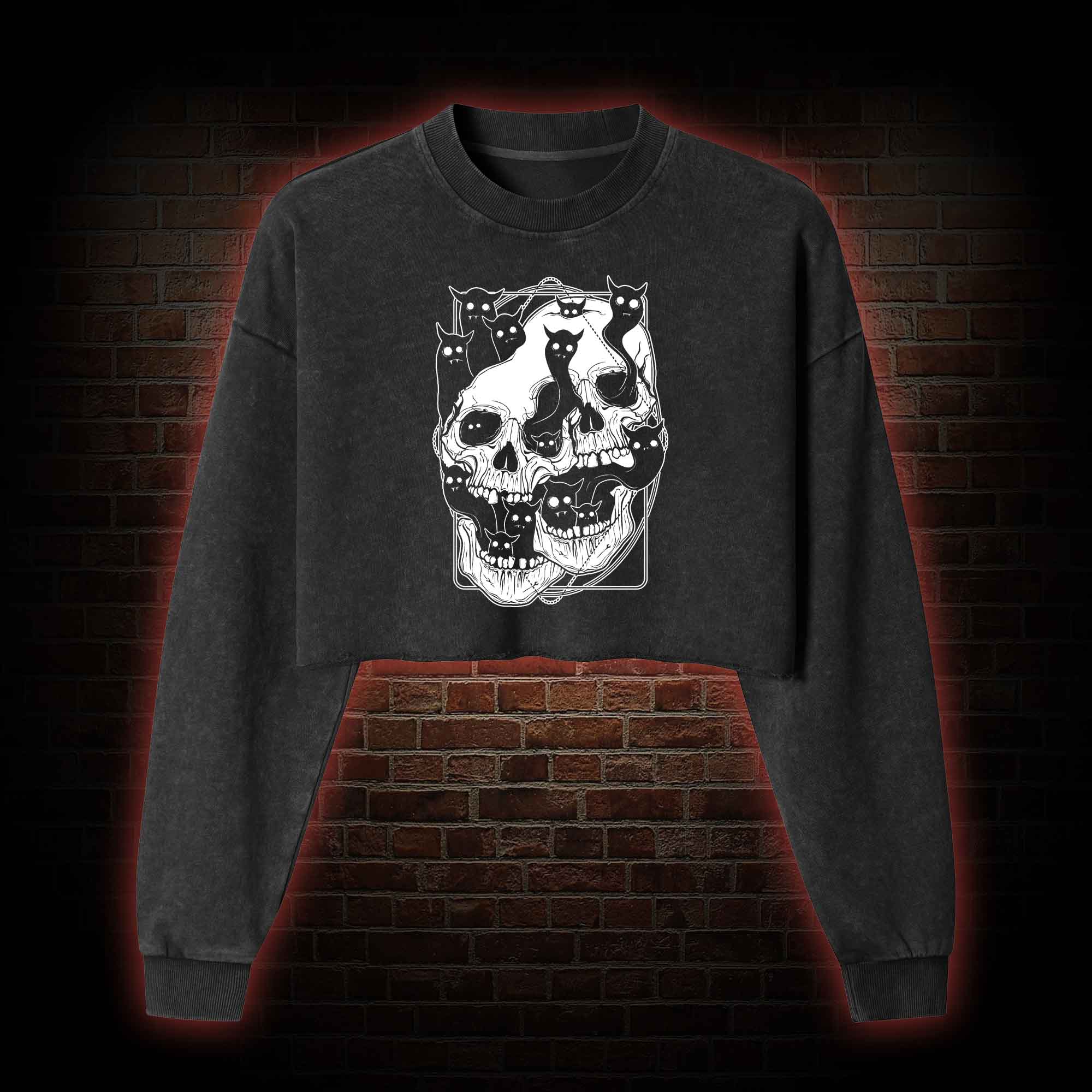 Cat Ghost Double Skull Washed Cropped Sweatshirts
