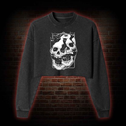 Cat Ghost Double Skull Washed Cropped Sweatshirts