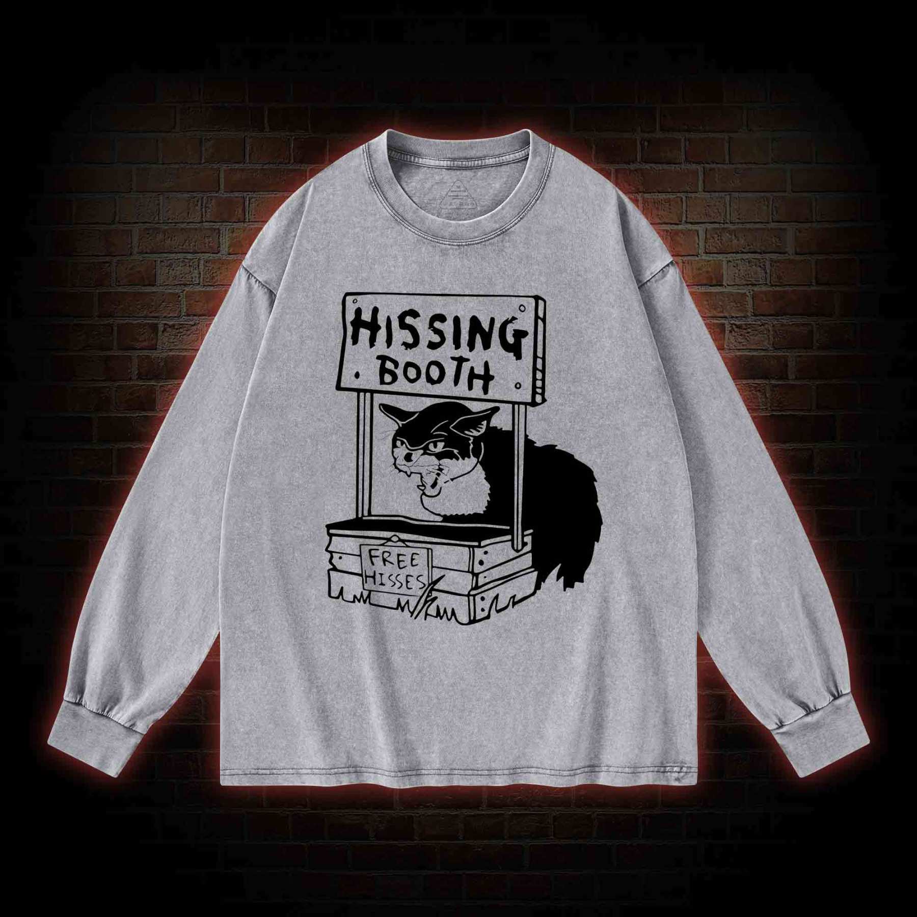 Cat Hissing Booth Washed Long-Sleeve T-shirt