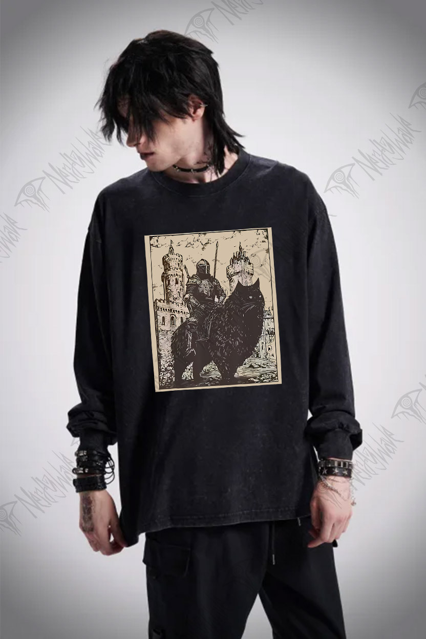 Knight Cat Rider Vintage Washed Long-Sleeve T-shirt