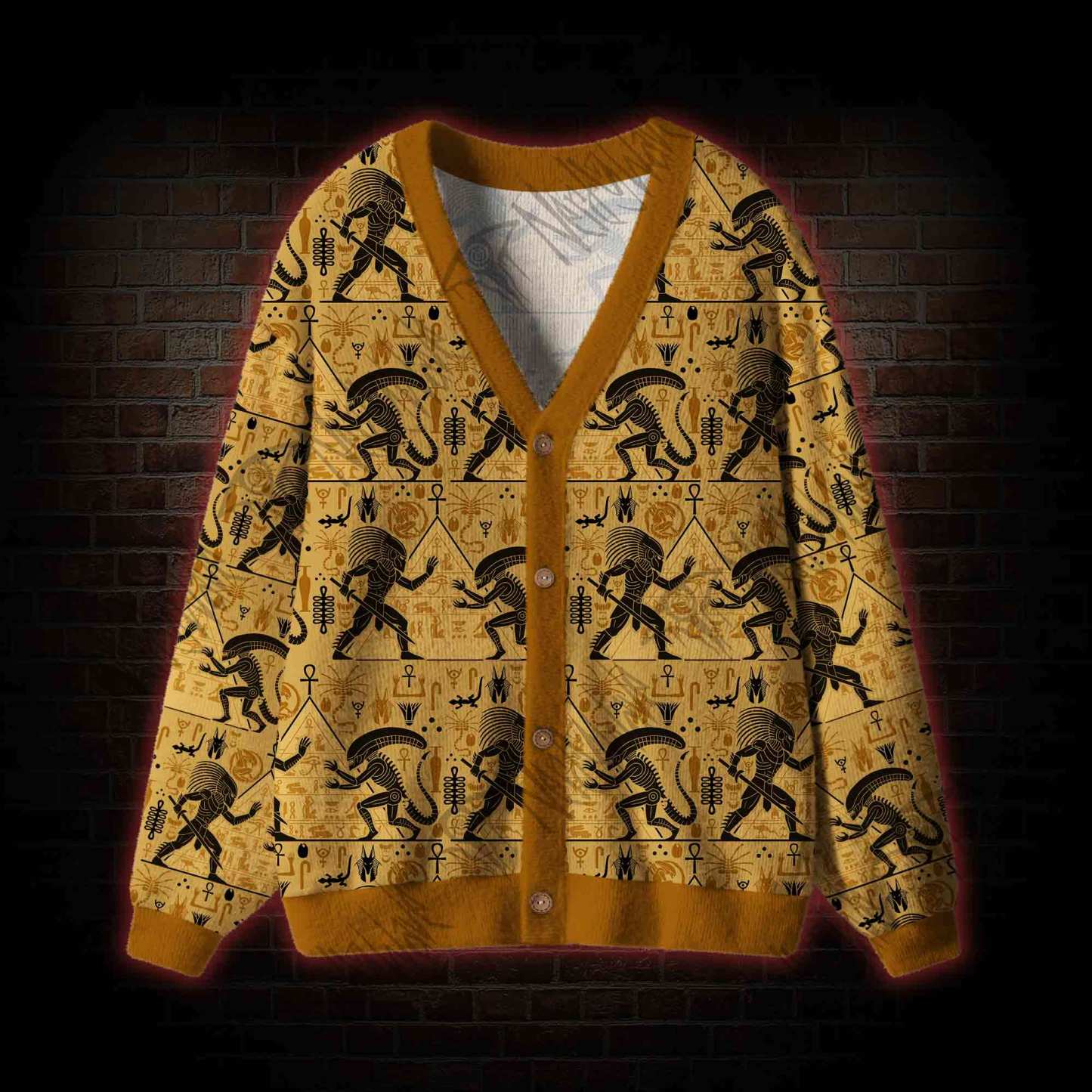 Egyptian Mural Warrior Pyramid Cardigan Sweater