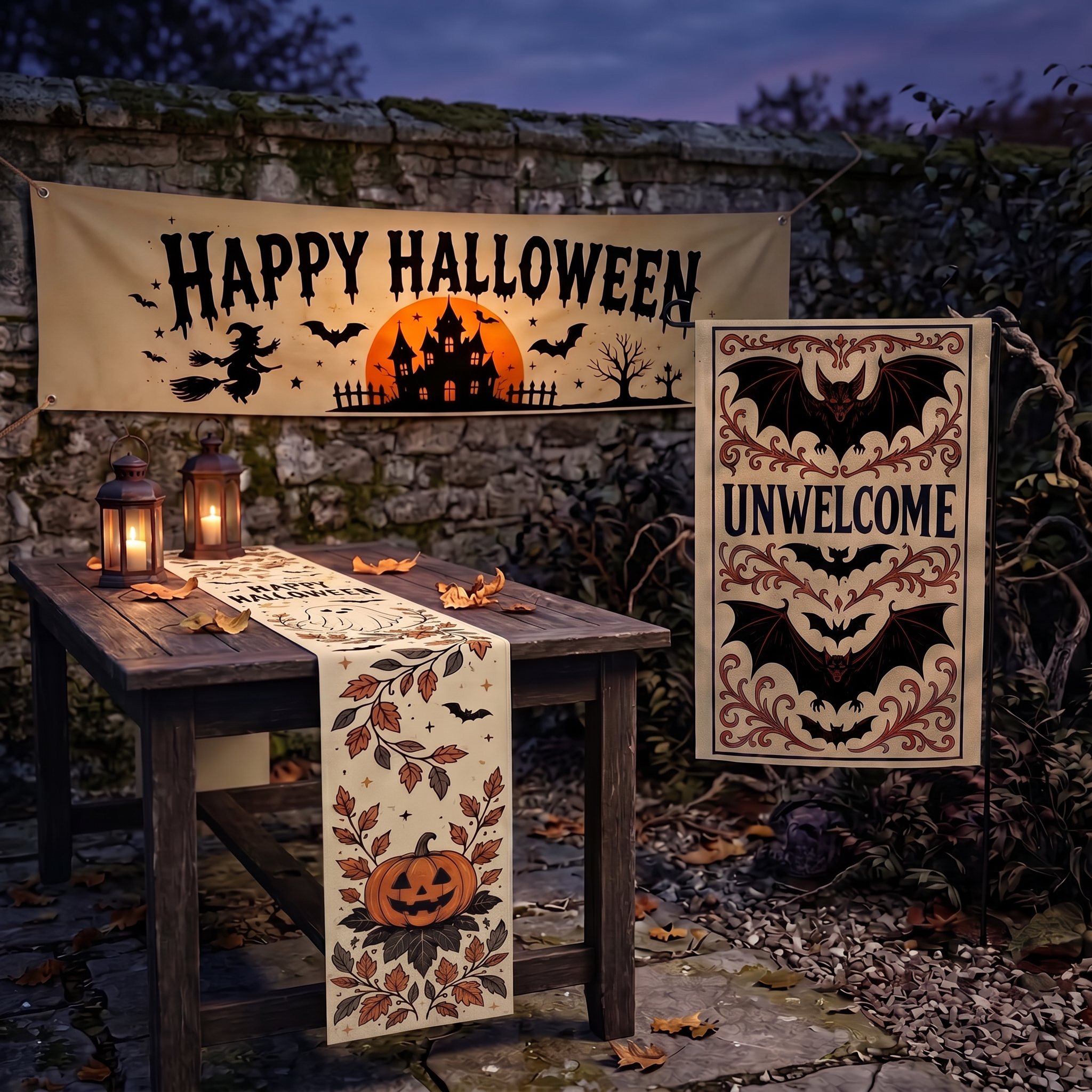 Table Runner&Halloween Banner&Garden Flag Set