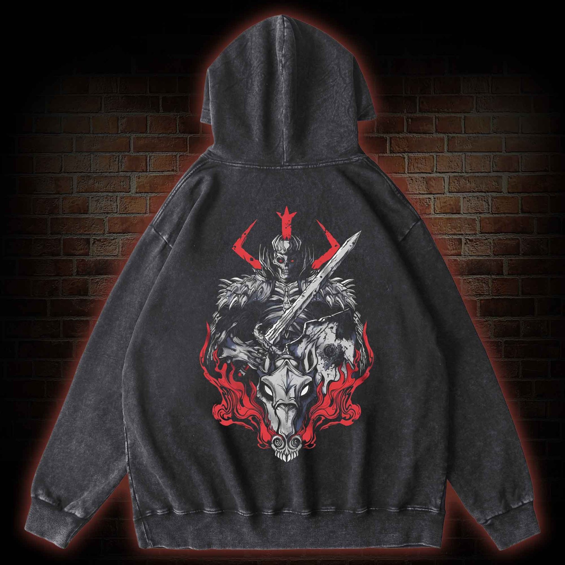 Skull Knight Back Print Back Print Washed Hoodie