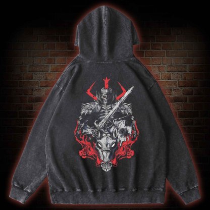 Skull Knight Back Print Back Print Washed Hoodie