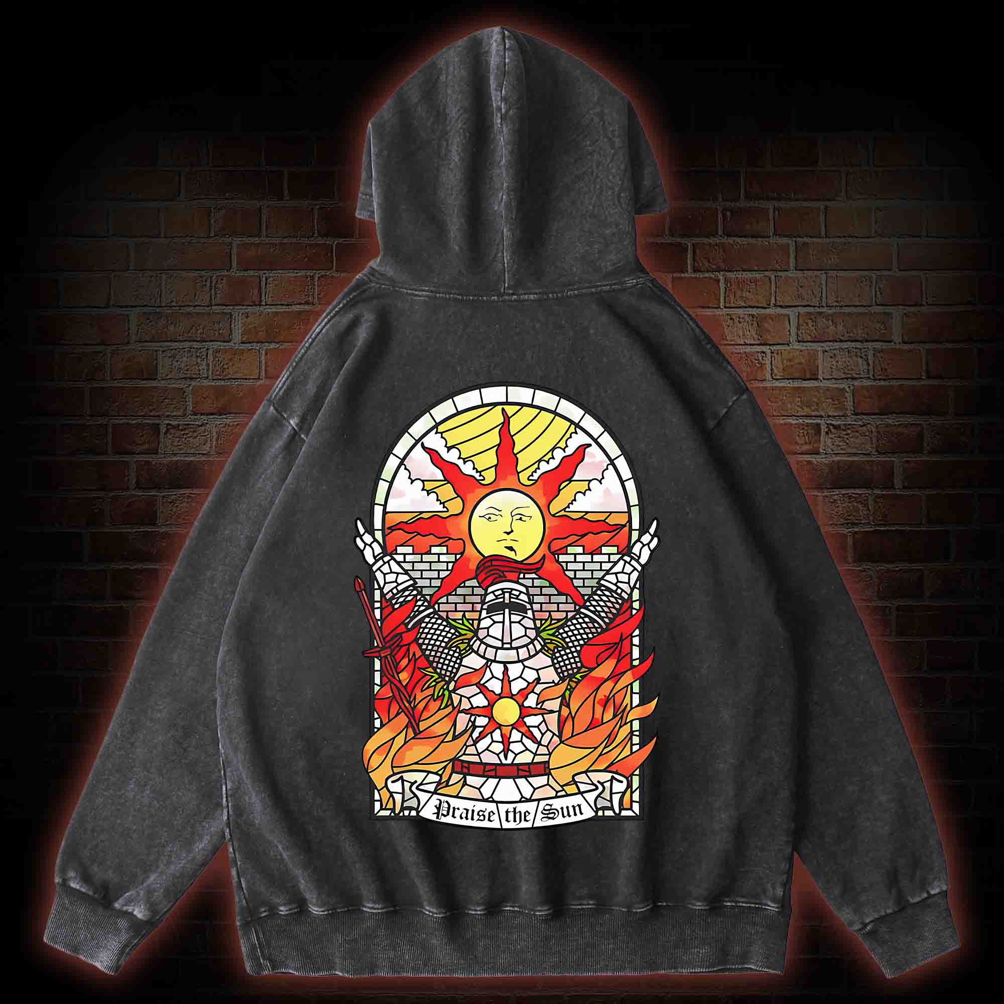 Praise the Sun Back Print Washed Hoodie