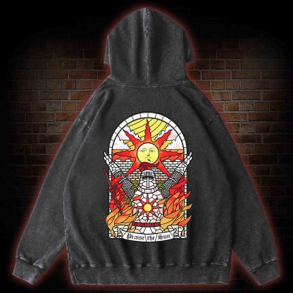 Praise the Sun Back Print Washed Hoodie