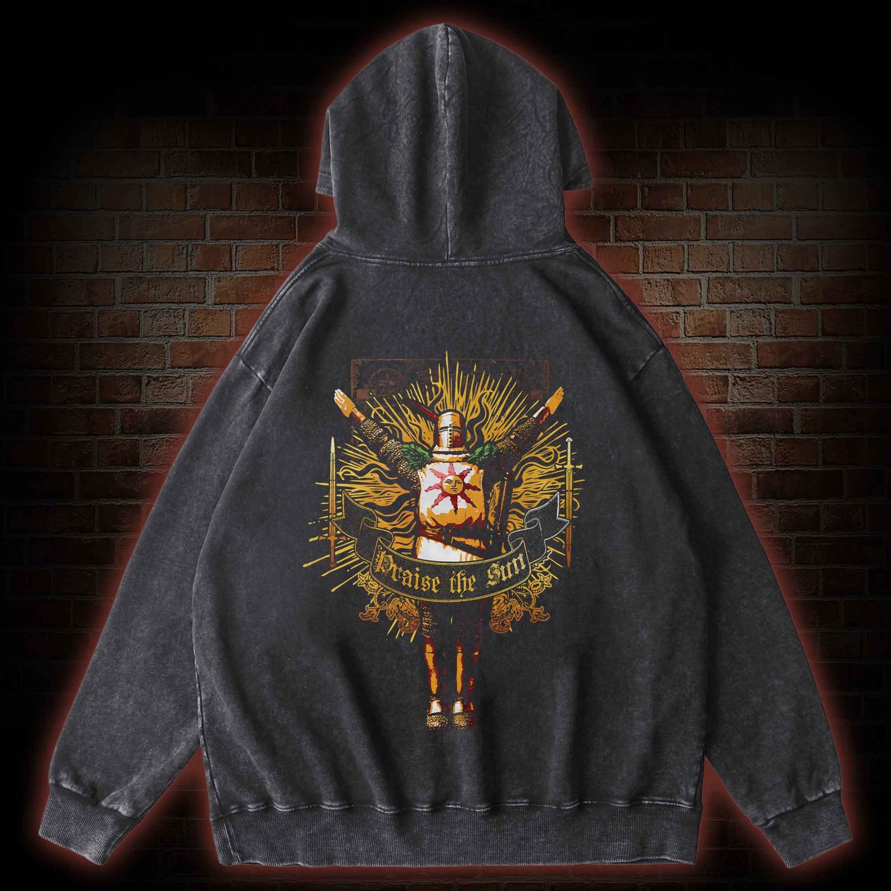 Praise the Sun Back Print Washed Hoodie