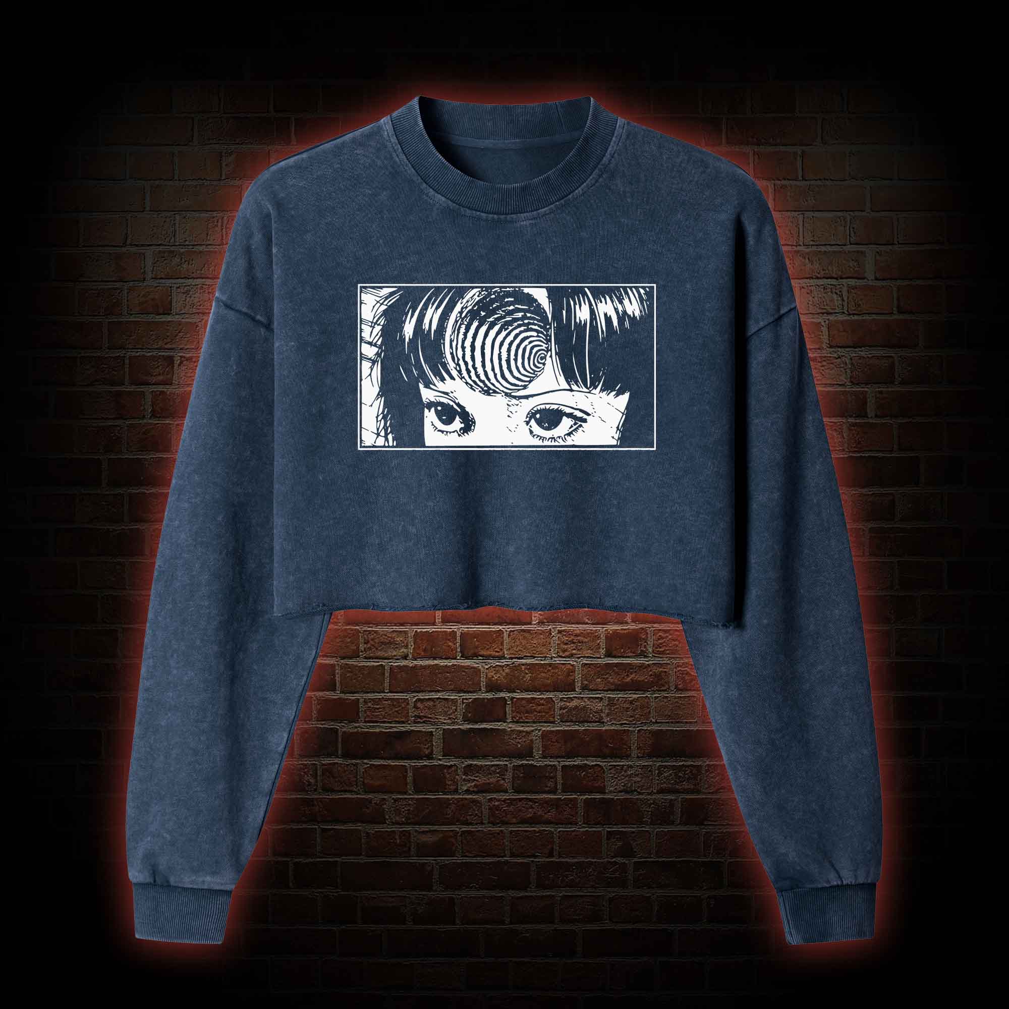 Creepy Girl Eyes, Spiral Horror Washed Cropped Sweatshirts