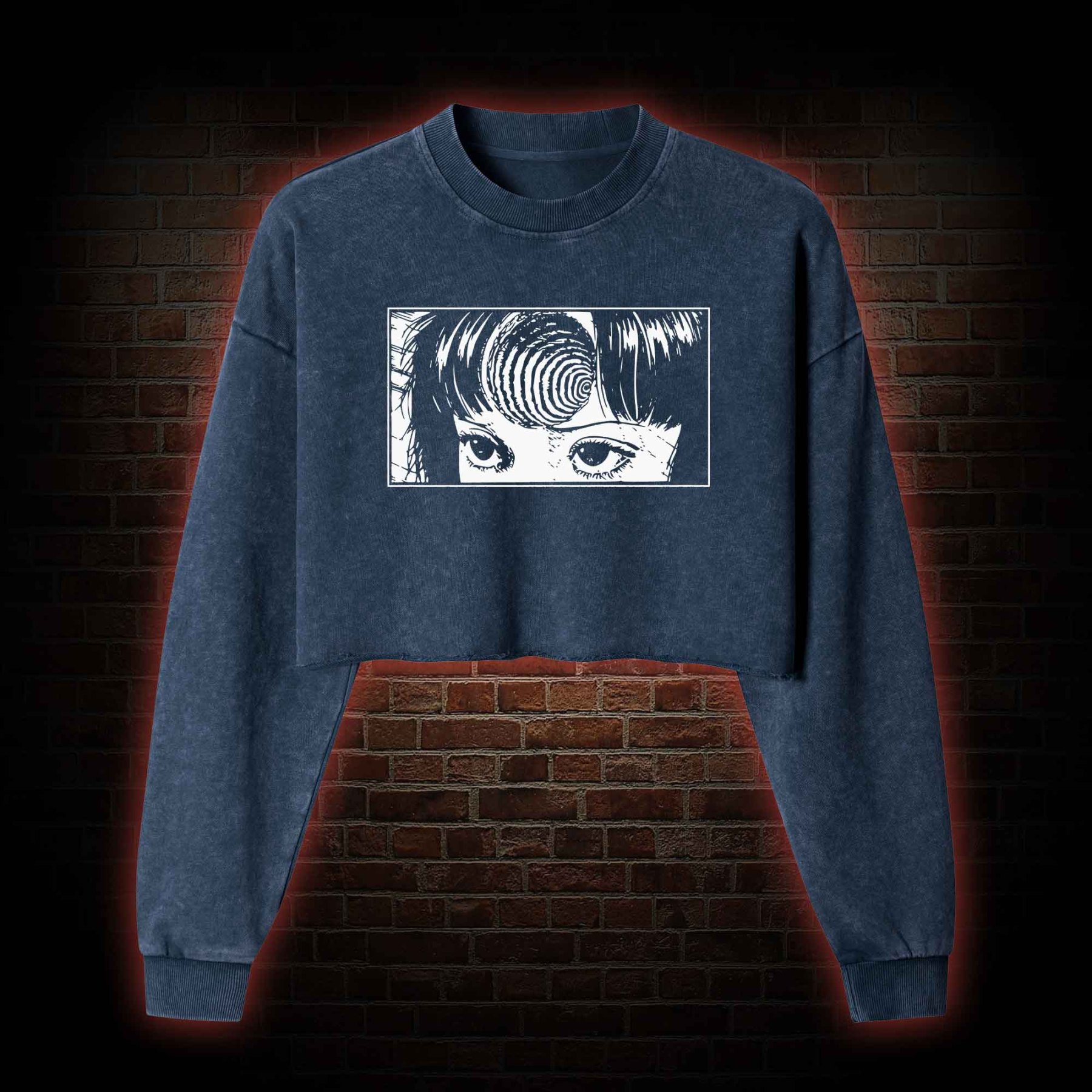 Creepy Girl Eyes, Spiral Horror Washed Cropped Sweatshirts