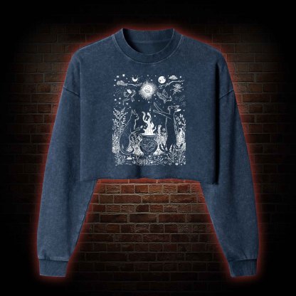 Celestial Cat Washed Cropped Sweatshirts
