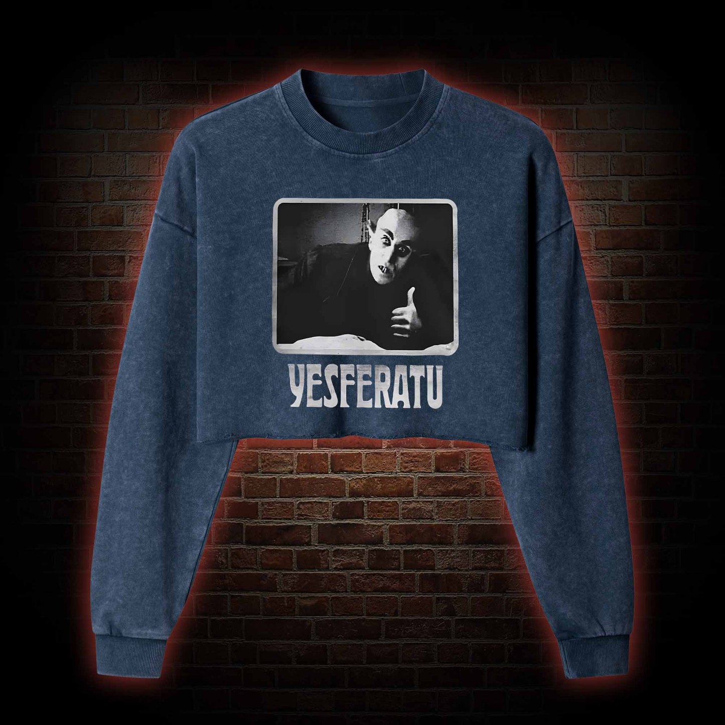 Yesferatu Funny Horror Retro Washed Cropped Sweatshirts