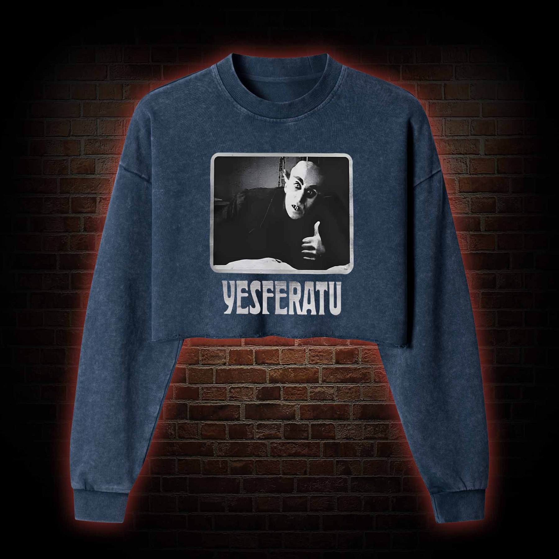 Yesferatu Funny Horror Retro Washed Cropped Sweatshirts