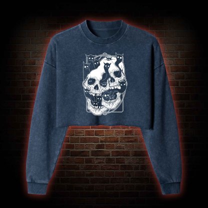 Cat Ghost Double Skull Washed Cropped Sweatshirts