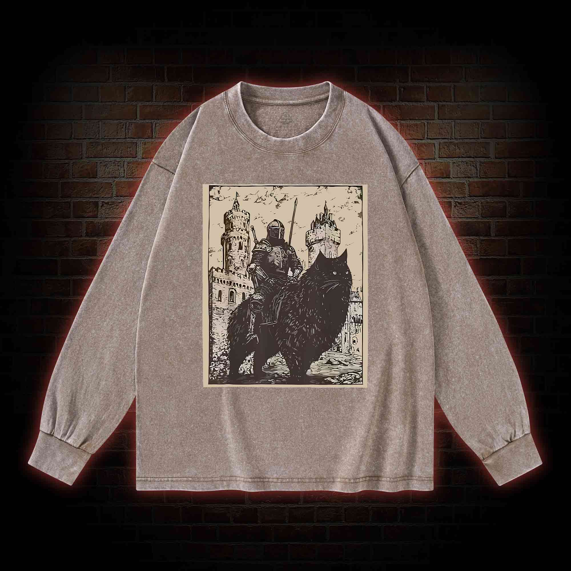 Knight Cat Rider Vintage Washed Long-Sleeve T-shirt